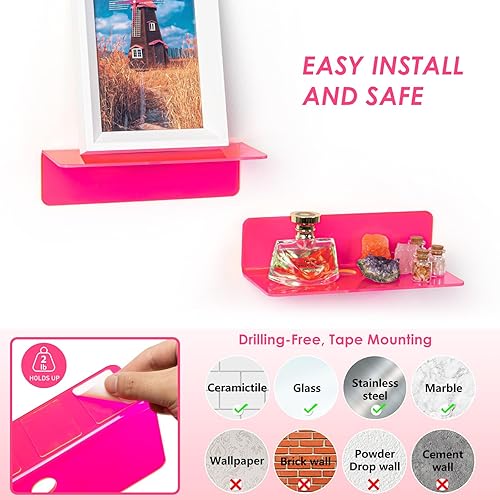 Miniatura 5 de OAPRIRE Juego de 2 estantes flotantes de acrílico, amplían fácilmente el espacio de la pared, estante de pared pequeño con adhesivo fuerte para