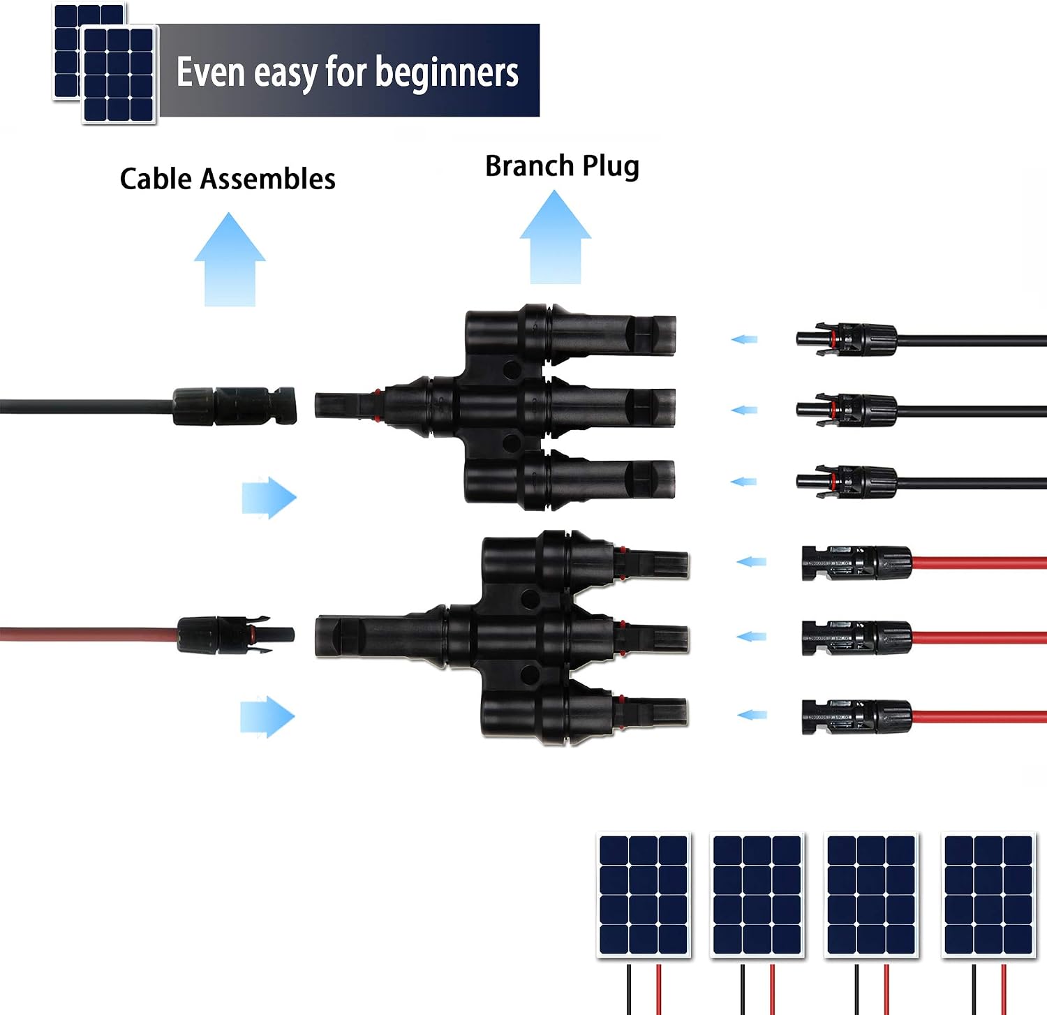 DSOPV Solar Branch Connectors 1 to 4 Y Connector Kit Parallel Connection Between Solar Panels (1Pair)