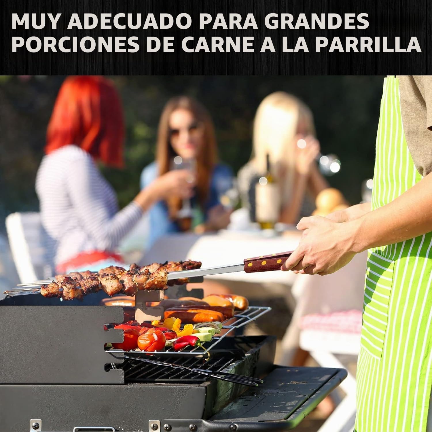8 Piezas Pinchos de Carne Planos de Acero Inoxidable, 60cm de Carne Reutilizables, Brochetas de Carne Extra Largos con Mangos de Madera, Cubiertos Barbacoa, Pinchos para Verduras Accesorios Barbacoa