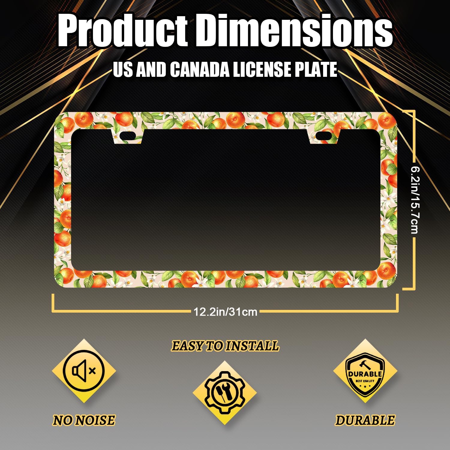 Stainless Steel Orange Flowers Floral License Plate Frame 12.3 x 6.3Inch image 2