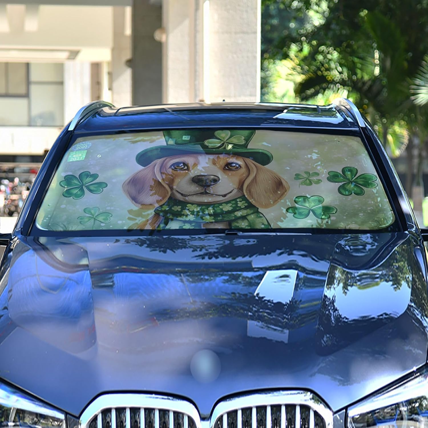 Windshield Sun Shade Umbrella Dog Comic Patricks Day – Black Coating Protector for Cars, SUV, Universal Fit 55” x 27.5”