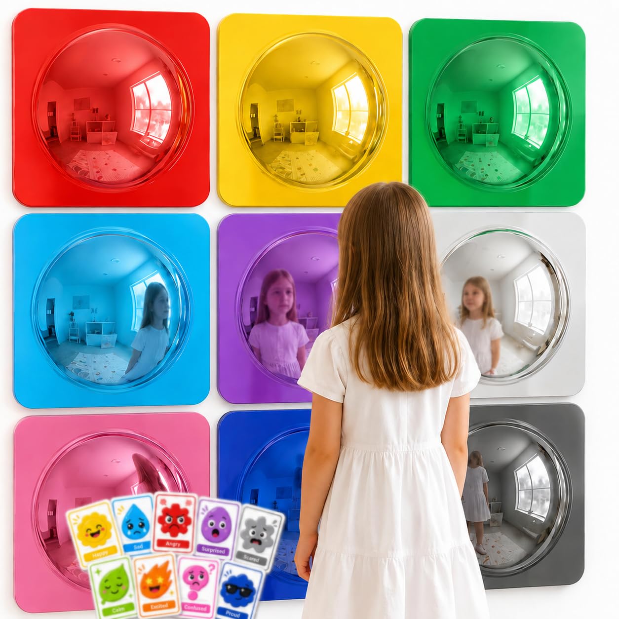 9 Pack Bubble Convex Mirror Panels with 9Pcs Mood Cards, Sensory Wall Toys for Autism, Visual Perception Training Acrylic Sensory Equipment, 10x10in Calming Corner Items for Kids