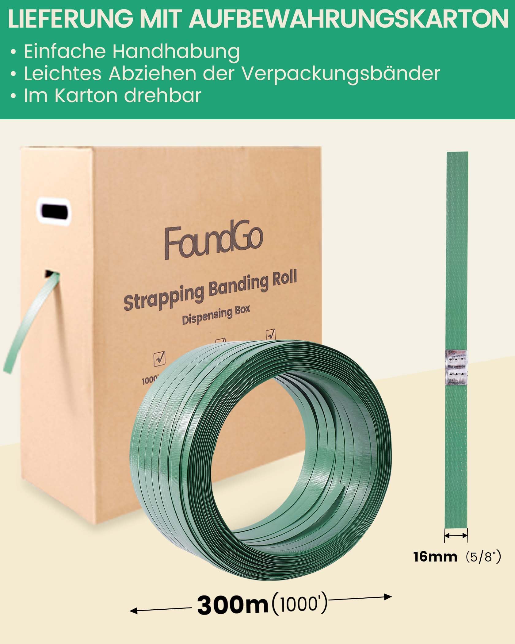 FoundGo Rouleau de cerclage vert en polyester (PET) de qualité industrielle, 1,6 cm de large x 304,4 m de long, résistance à la rupture, durable, imperméable et antirouille avec sa propre boîte