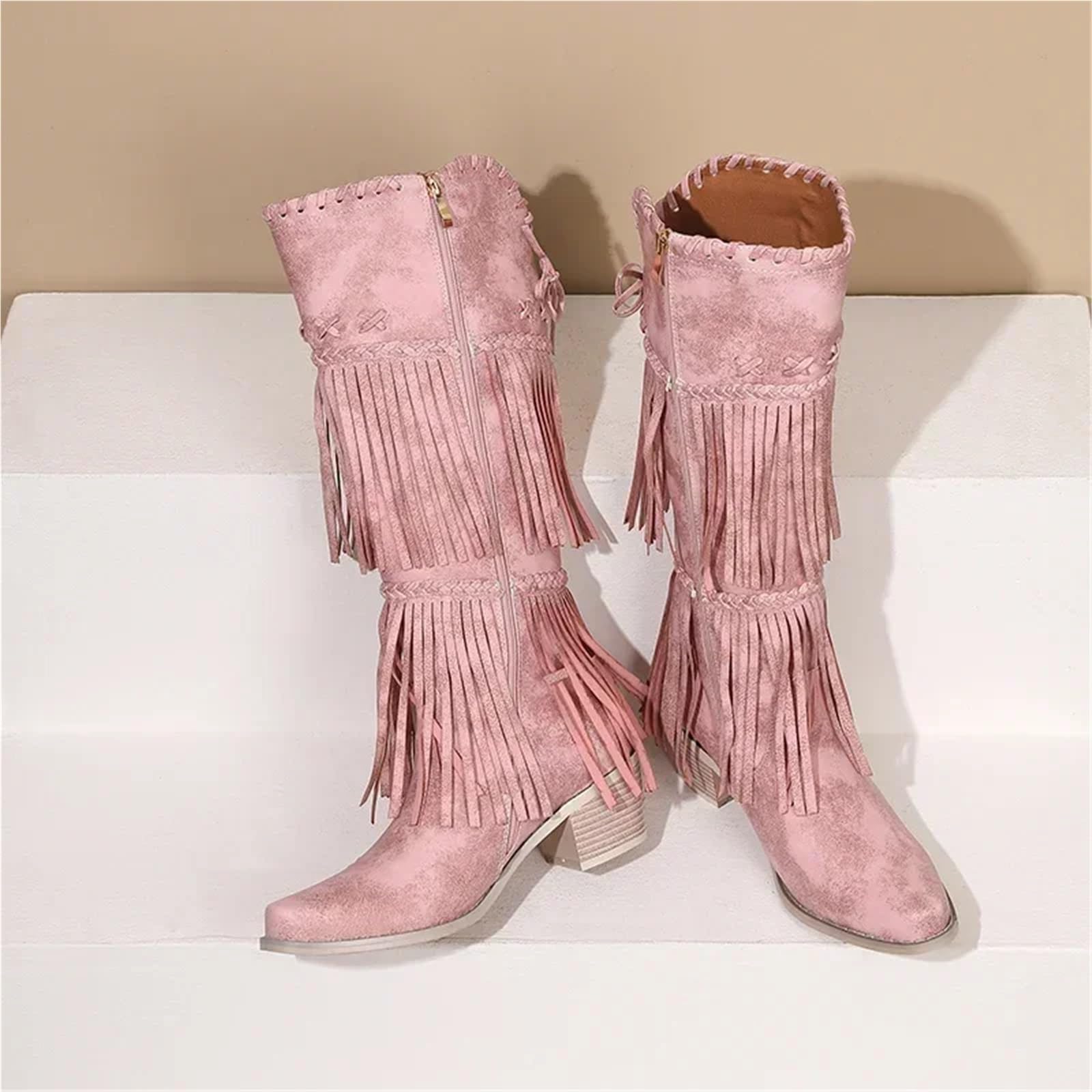 Stivali Texani Donna Stivali alti al ginocchio con frange da cowgirl occidentali donna nappa intrecciata rosa Punta a punta deformata Tacchi quadrati