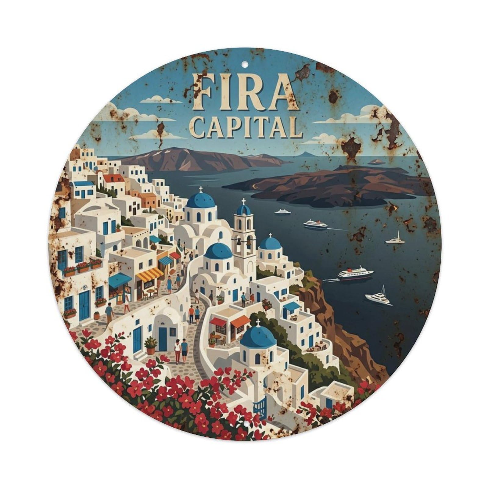Vintage Travel Fira Santorini Capital Metal Tin Sign