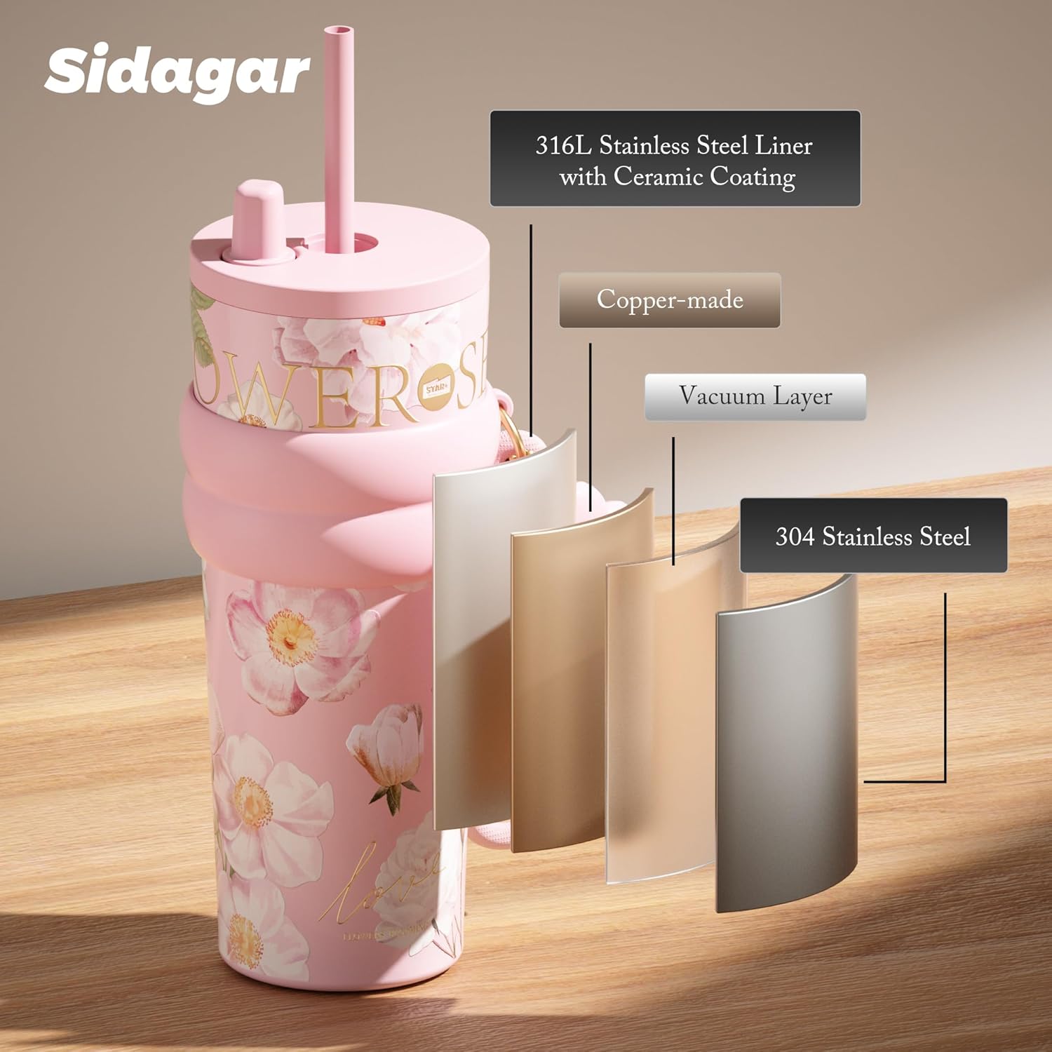 24 oz Stainless Steel Tumbler with Lid and Straw, Insulated Coffee Mug, Leak Proof, Portable Iced Travel Water Bottle, Reusable Thermal Coffee Cup, Floral Pink - Image 7