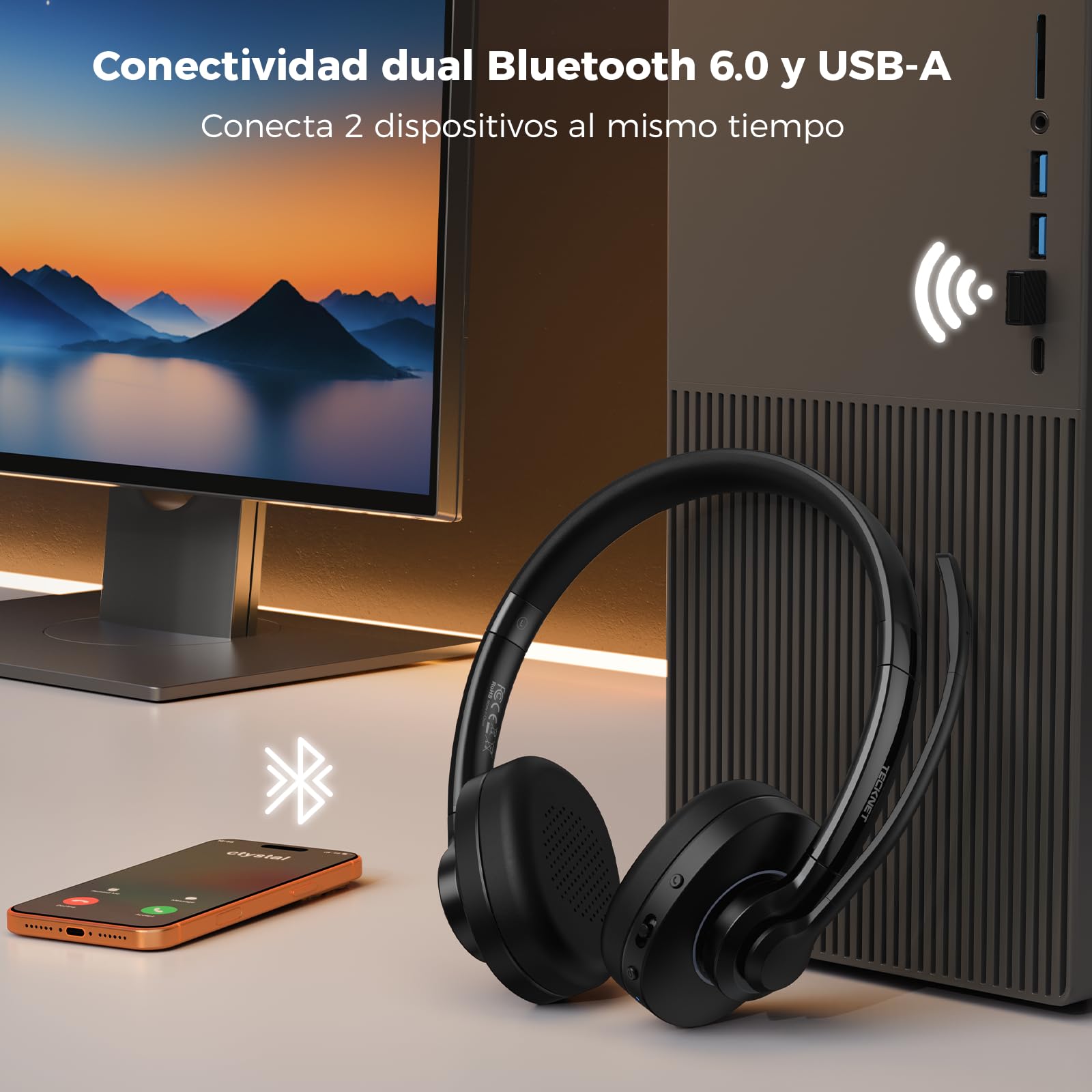 TECKNET Casque Bluetooth sans Fil avec Microphone, Casque Bluetooth V6.0 Casque Micro sans Fil À réduction de Bruit IA, USB-A, +50H d'Autonomie, pour Bureau/Conducteurs Routiers/Centres D'Appels