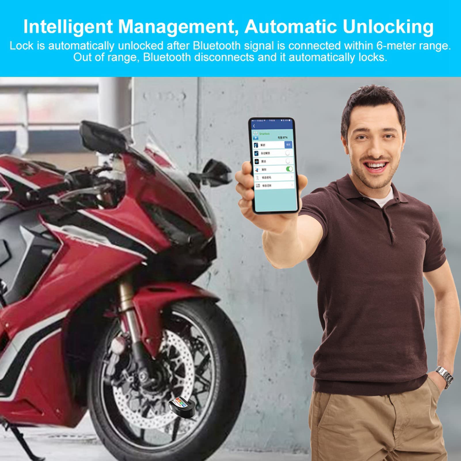 Sonew Blocco freno a disco, blocco disco allarme bici moto, APP bluetooth intelligente chiusura auto-furto keyless, impermeabile 110dB suono allarme controllo telefono cellulare (Lock)