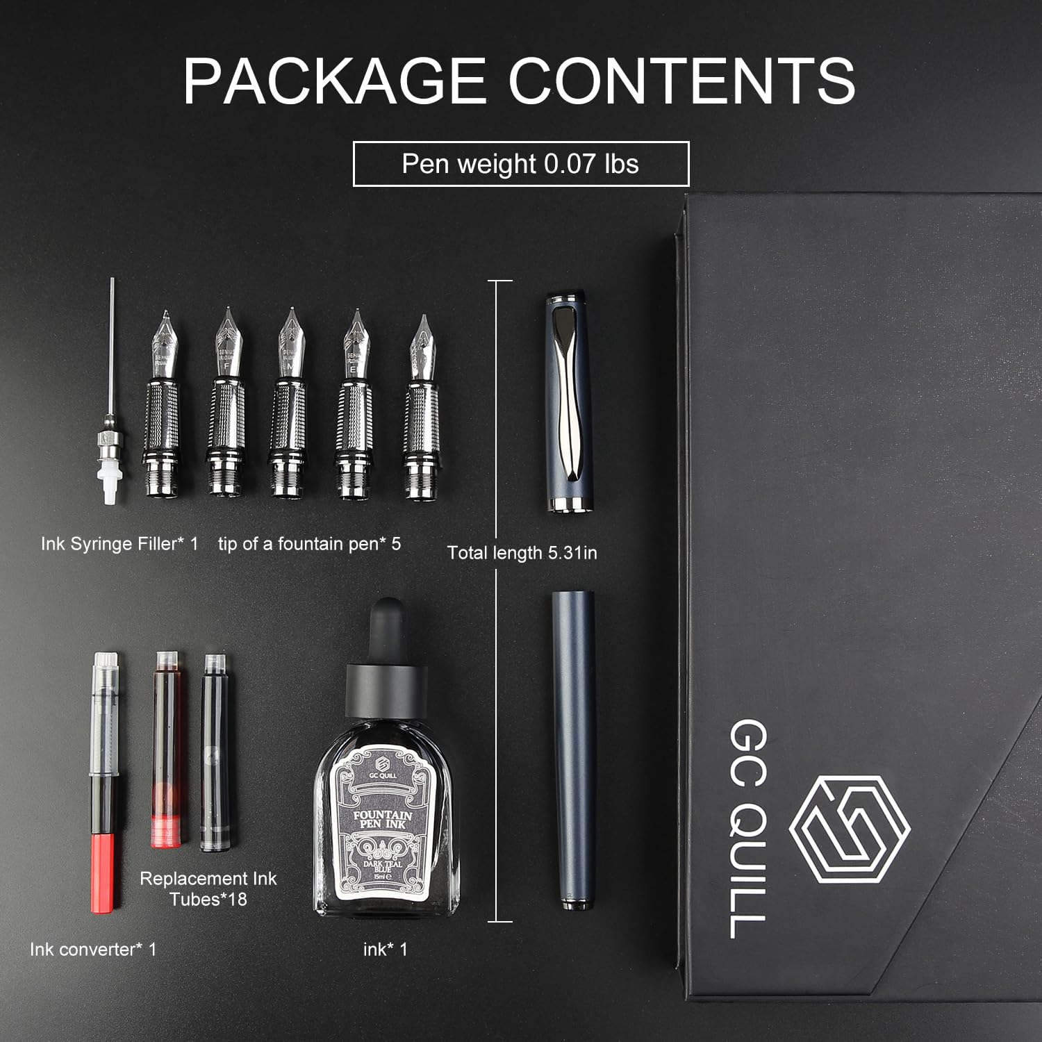 GC QUILL Fancy Fountain Pen Set, Includes 5 Nibs, Ink Bottle, Ink Refill Converter and 18 Cartridges - Image 3