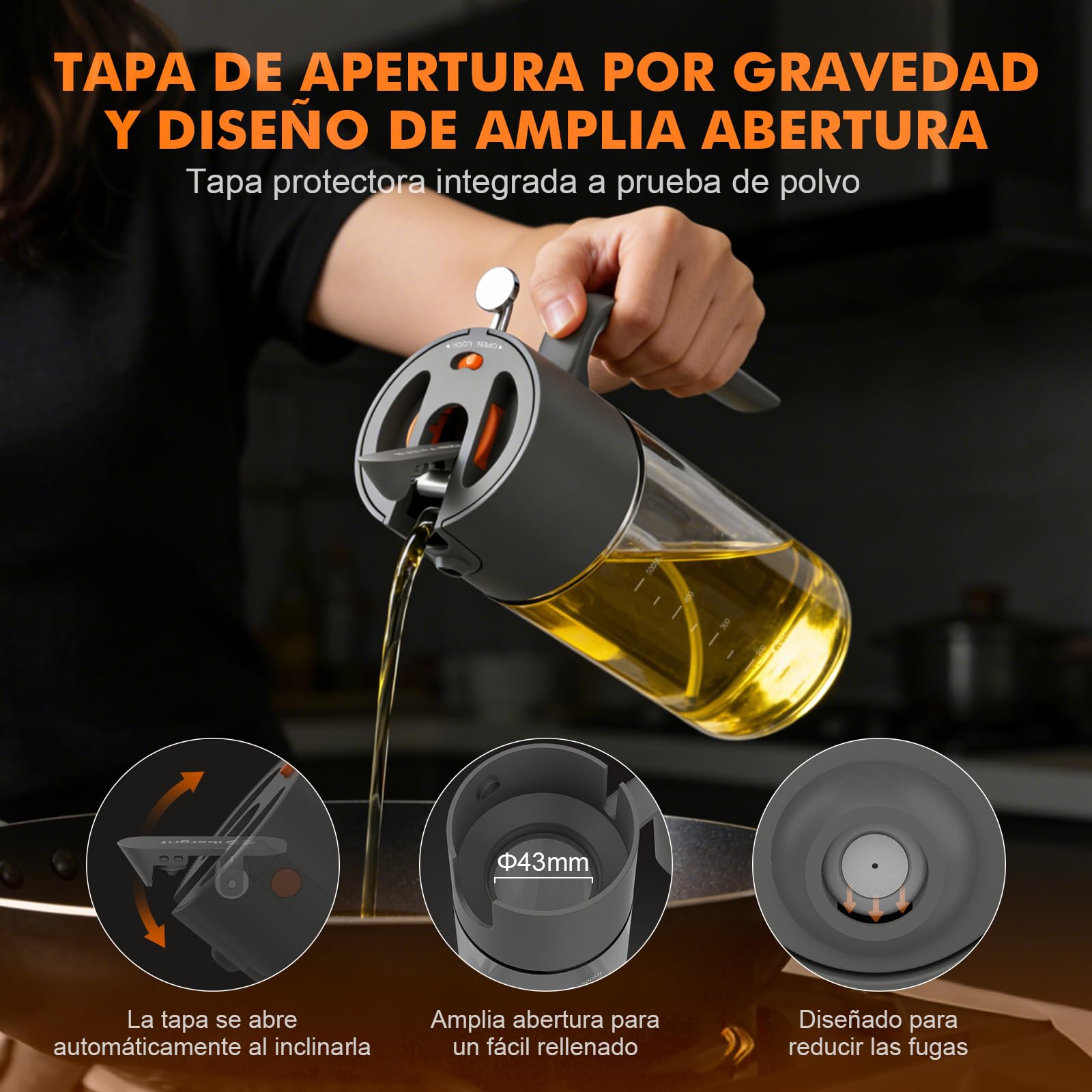 Ibergrif 2 en 1 Pulverizador de aceite 500ml – Aceitera spray con Interruptor, Vidrio de borosilicato, Antigoteo para Freidora de aire, Gris, M530 — view 5