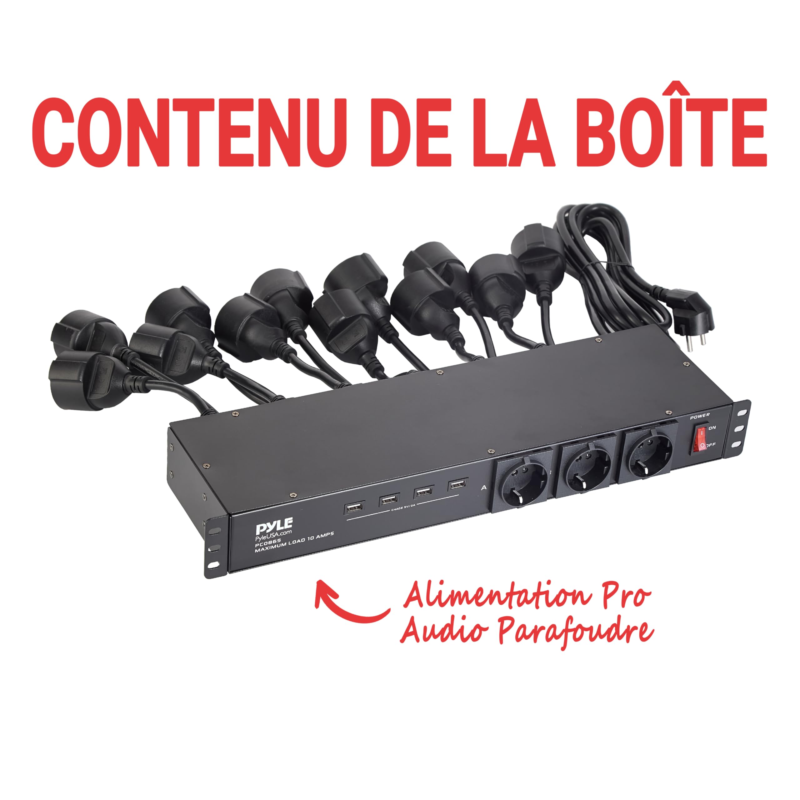 Pyle Multiprise Rack 1U 12 Prises – PDU avec 3 Prises Frontales, 4 Ports USB 5V/2A, Disjoncteur 15A, Câble 4,5 m, Boîtier Métal, pour Serveurs, Studio & Installation