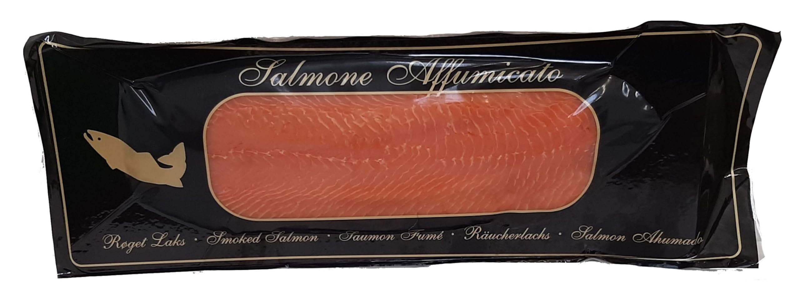 2 pezzi di Salmone Affumicato Norvegese (peso da 0,900 Kg a 1,100 Kg) preaffettato e astucciato. Con astuccio regalo nero.