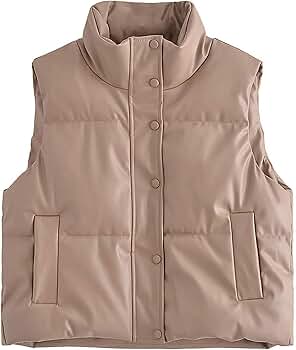 Zontroldy Khaki PU Leather Quilted Puffer Vest Women Stand