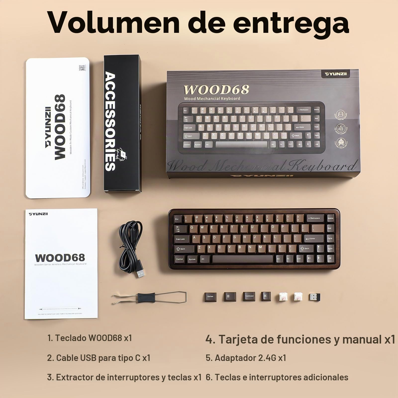 YUNZII WOOD68 Teclado Mecánico Inalámbrico 65% de Madera (Candy) | Bluetooth/2.4G/USB-C, Retroiluminación RGB, Montaje Tray, Hot-Swap con Teclas PBT Keyboard US ANSI para Mac/PC