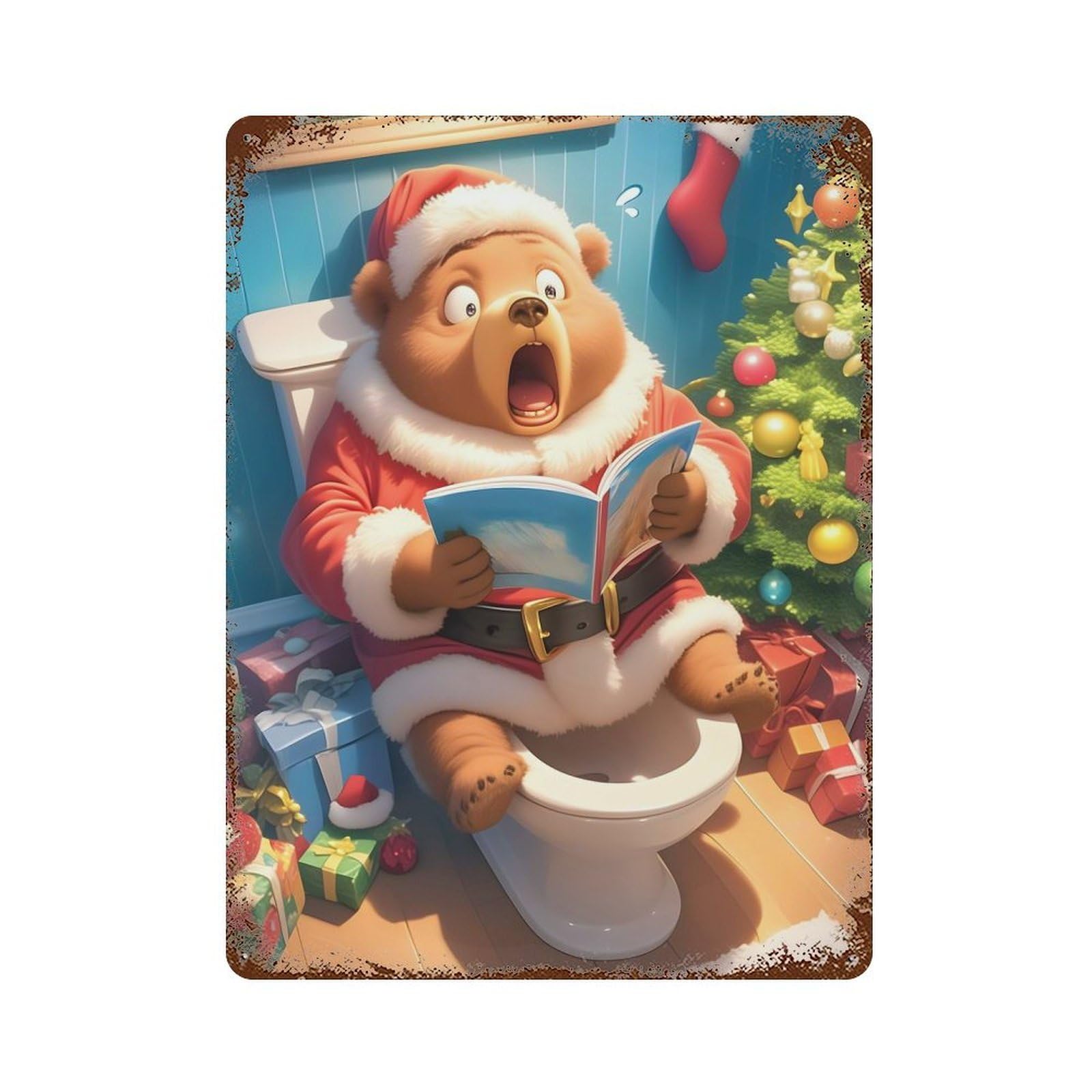 Garage Style Surprised Santa Bear Rustic Tin Plaque 15.7"x11.8", Classic Wall Plaque for Bar And Workshop