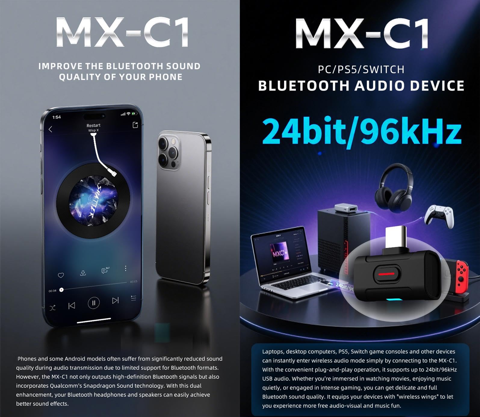 xDuoo MX-C1 Hi-Res Bluetooth 5.4 Trasmettitore USB-C - Supporta SBC/aptX/aptX HD/aptX Adaptive/LE-AUDIO/LC3/aptx Lite, adattatore Bluetooth a bassa latenza per PC/Smartphone/Tablet/PS5/Switch