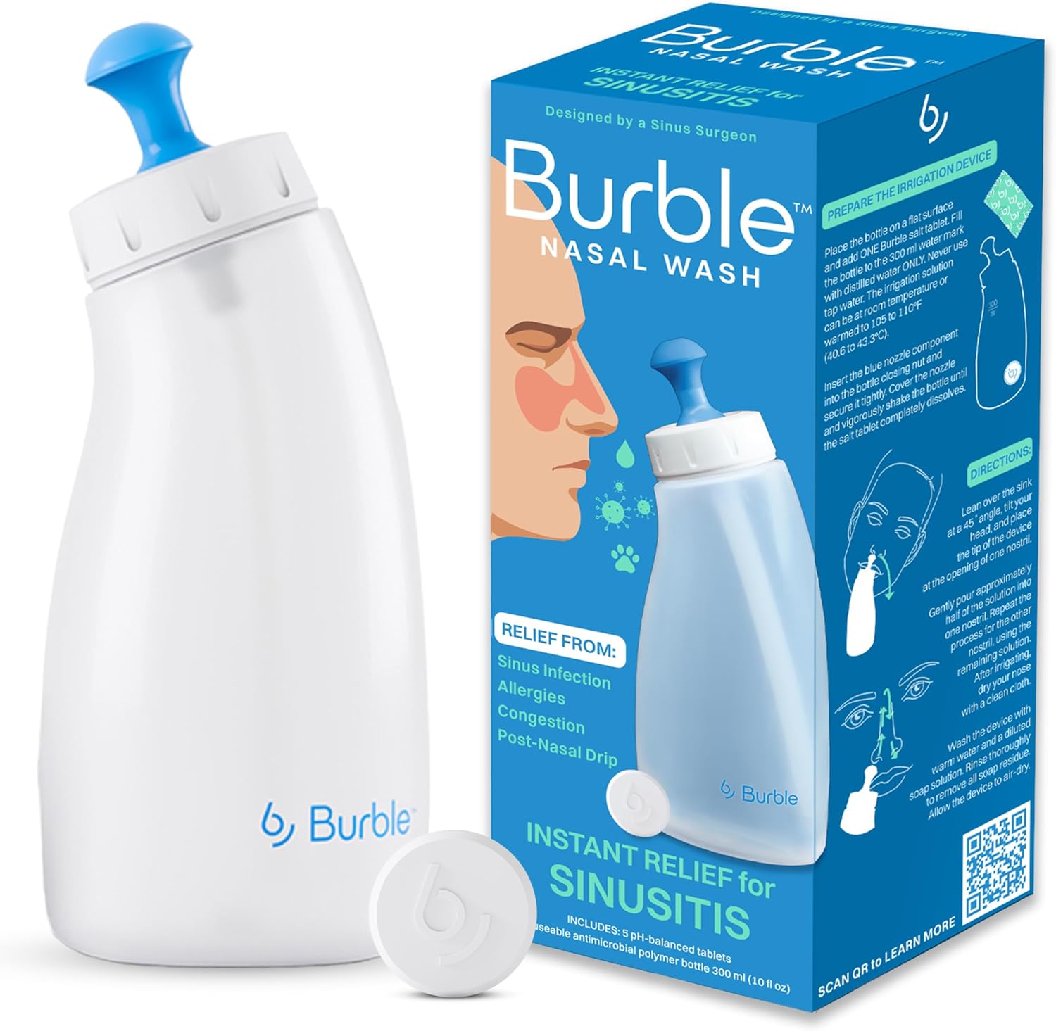 Nasal Irrigation System Basic Starter Kit for Sinus Relief and Congestion, Nasal Cleaner for Adults & Kids - Includes Sinus Rinse Bottle & 5 Nasal Wash Tablets