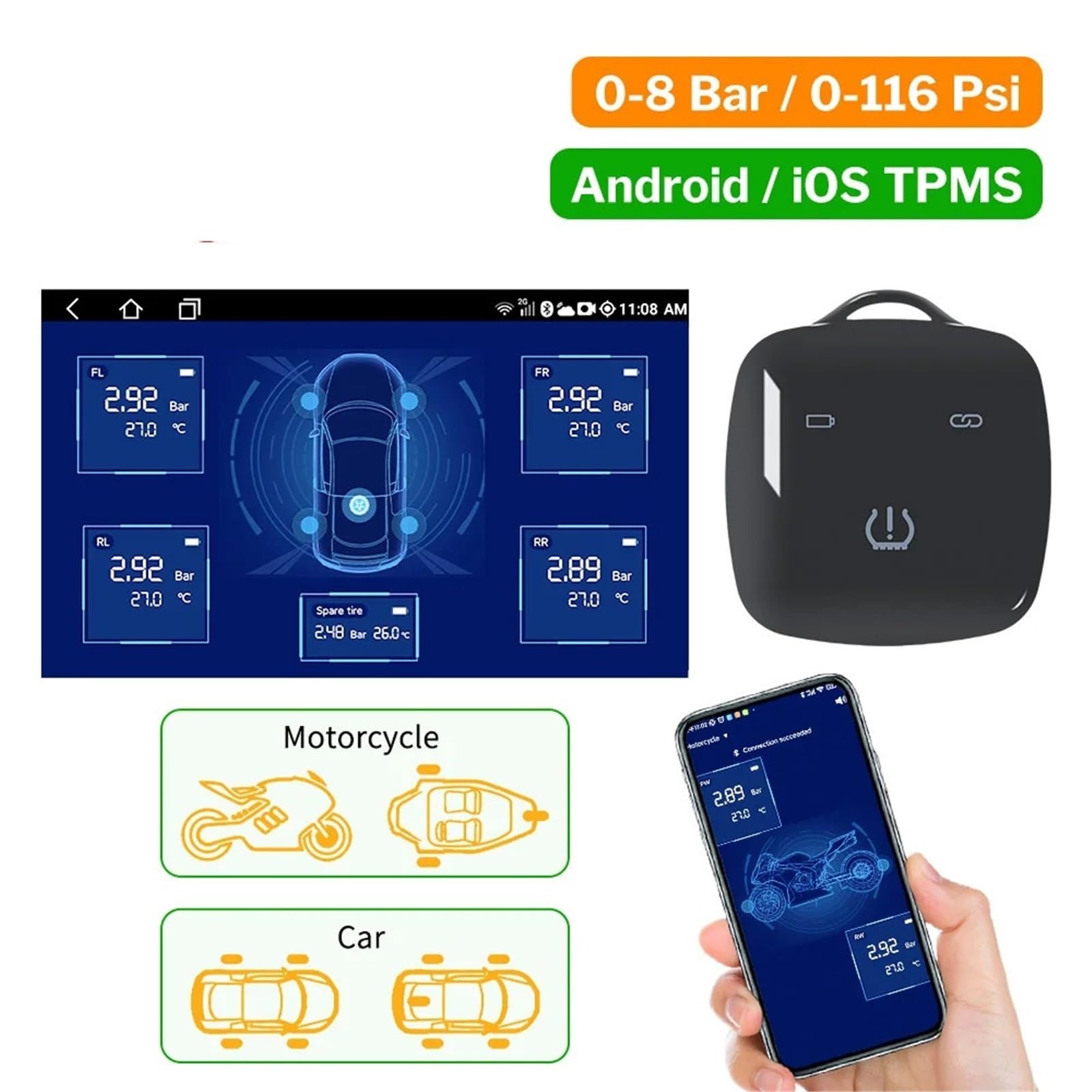 System monitorowania ciśnienia w oponach kompatybilny z Bluetooth do samochodów, motocykli, motocykli, rowerów, czujników TMPS, BLE Control(BL8M3 External Type)
