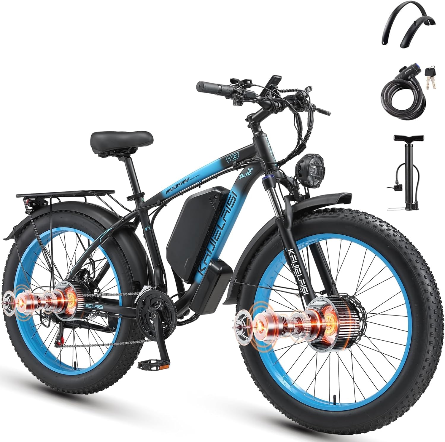 Bicicletta elettrica, bicicletta 48V 23AH E con portatelefono, biciclette elettriche 26"x4" per adulti, 85N·m 250W Ebike 100KM Range 21 velocità freni idraulici a disco (Bianco) (Blu)