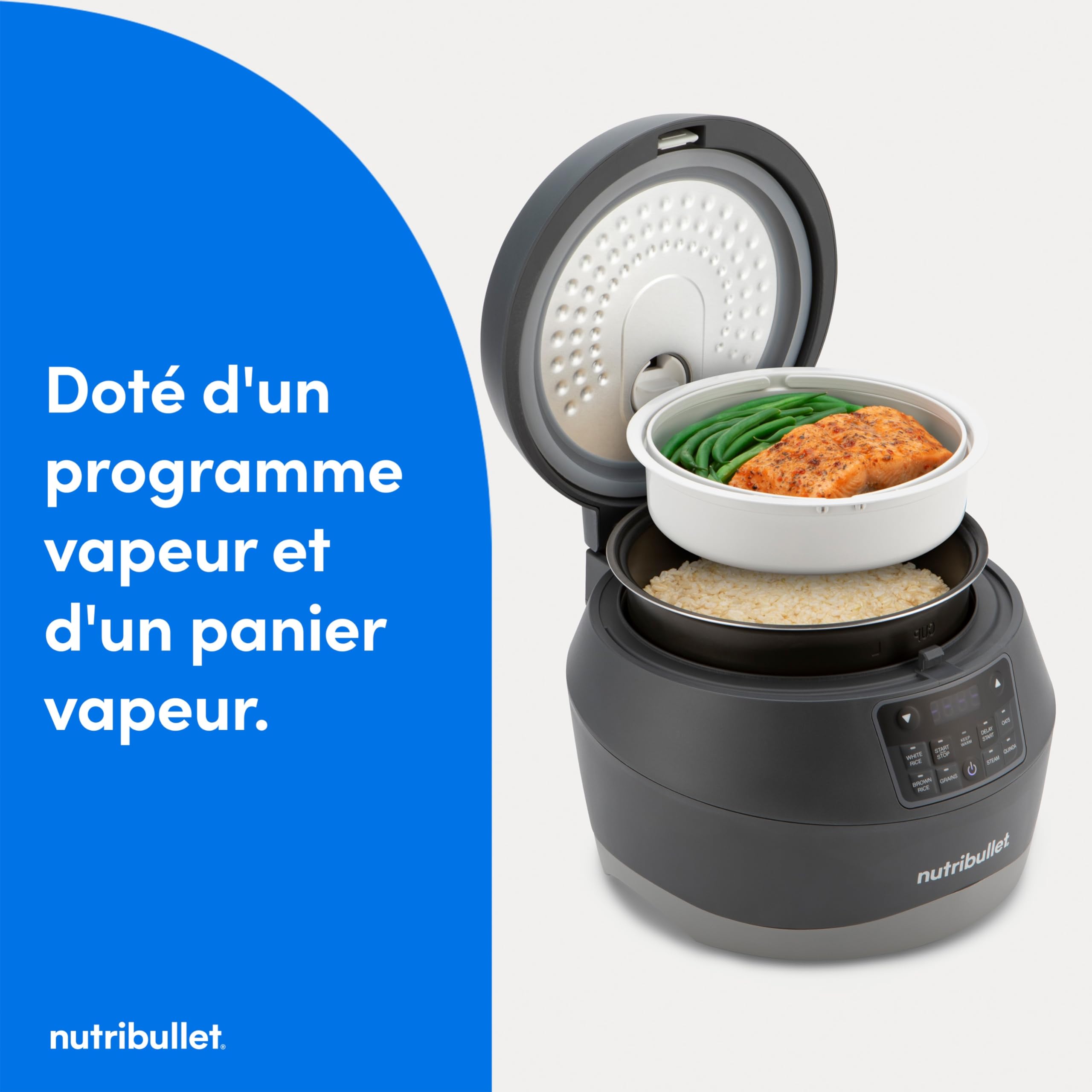 nutribullet EveryGrain Cooker - Cuiseur Vapeur à Riz et Céréales Multifonction, 10 Verres Doseurs, 5 Programmes Auto, Fonction Maintien au Chaud 12h, Cuillère et Panier Inclus, 600W, Gris (NBRC605DG)