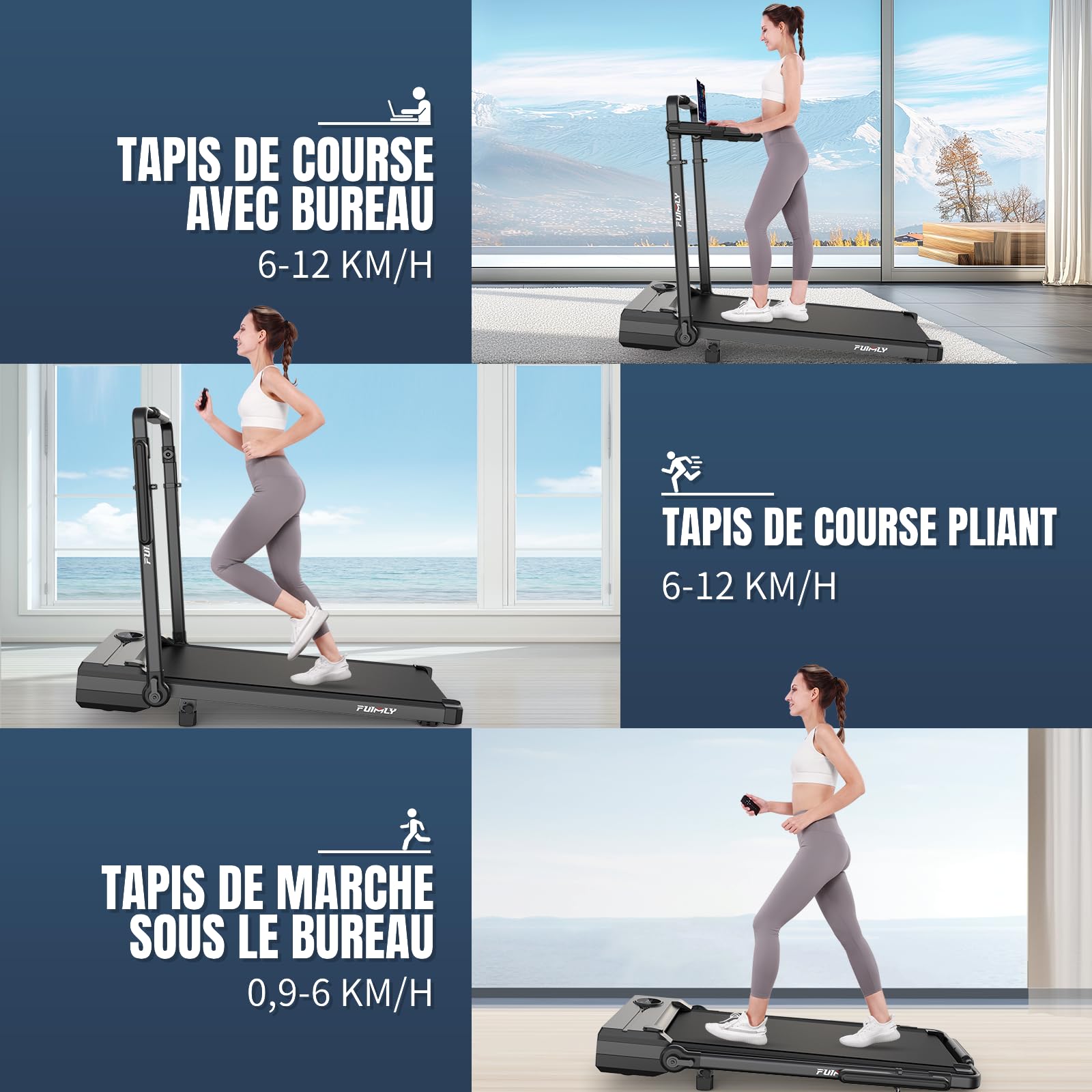 Tapis de Course Pliable Inclinable avec Bureau, Tapis de Marche Inclinaison 9%, avec Barre, Capacité 136 kg+, Bureau Réglable en Hauteur et Amovible, Compact, Moteur 3,5 CV, pour Maison/Bureau