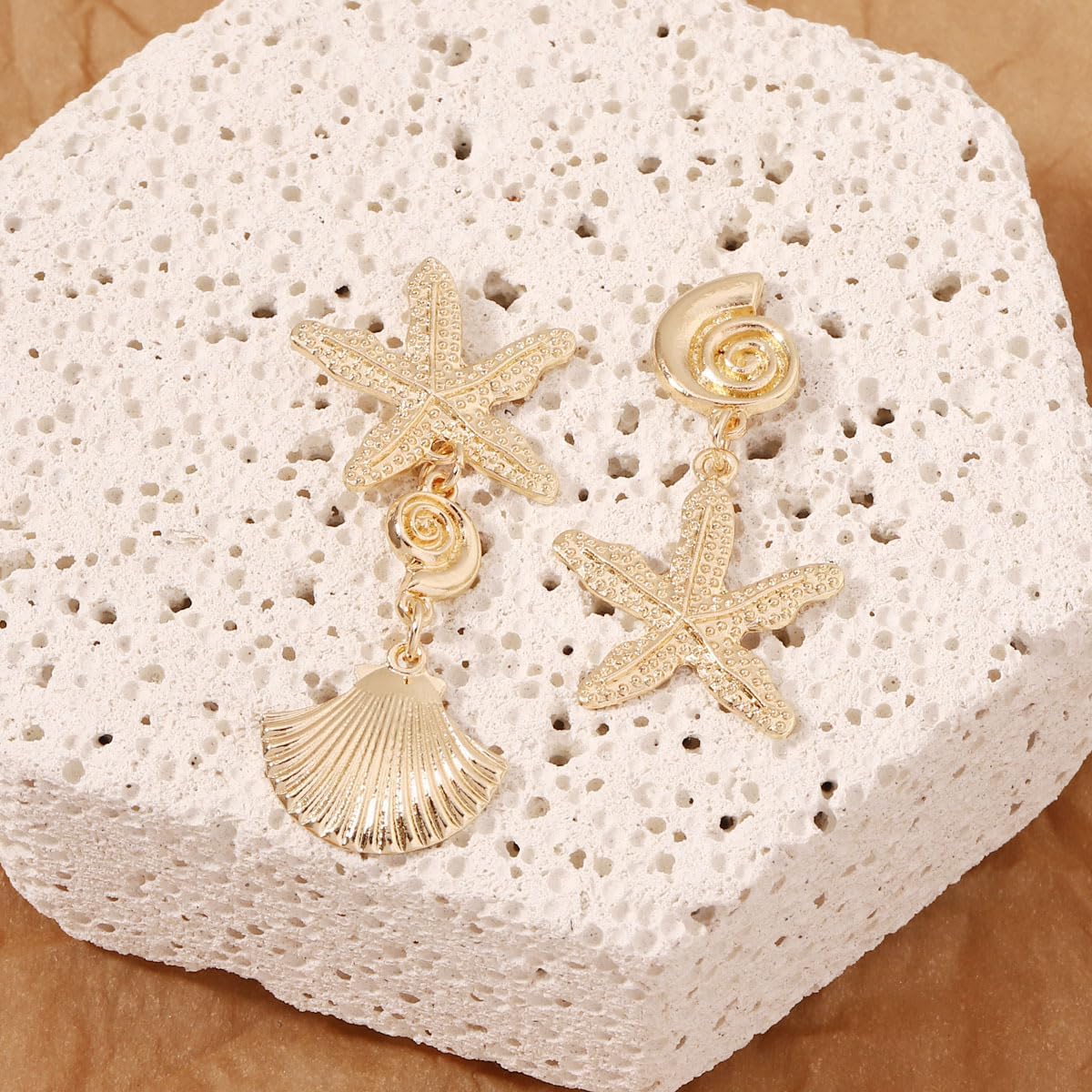 Starfish Seashell Asymmetry Earrings Sea Shell Conch Dangle Earrings Hypoallergenic Cowrie Shell Earrings Studs, Shell Jewelry Gifts Funny Earrings for Women - Image 3