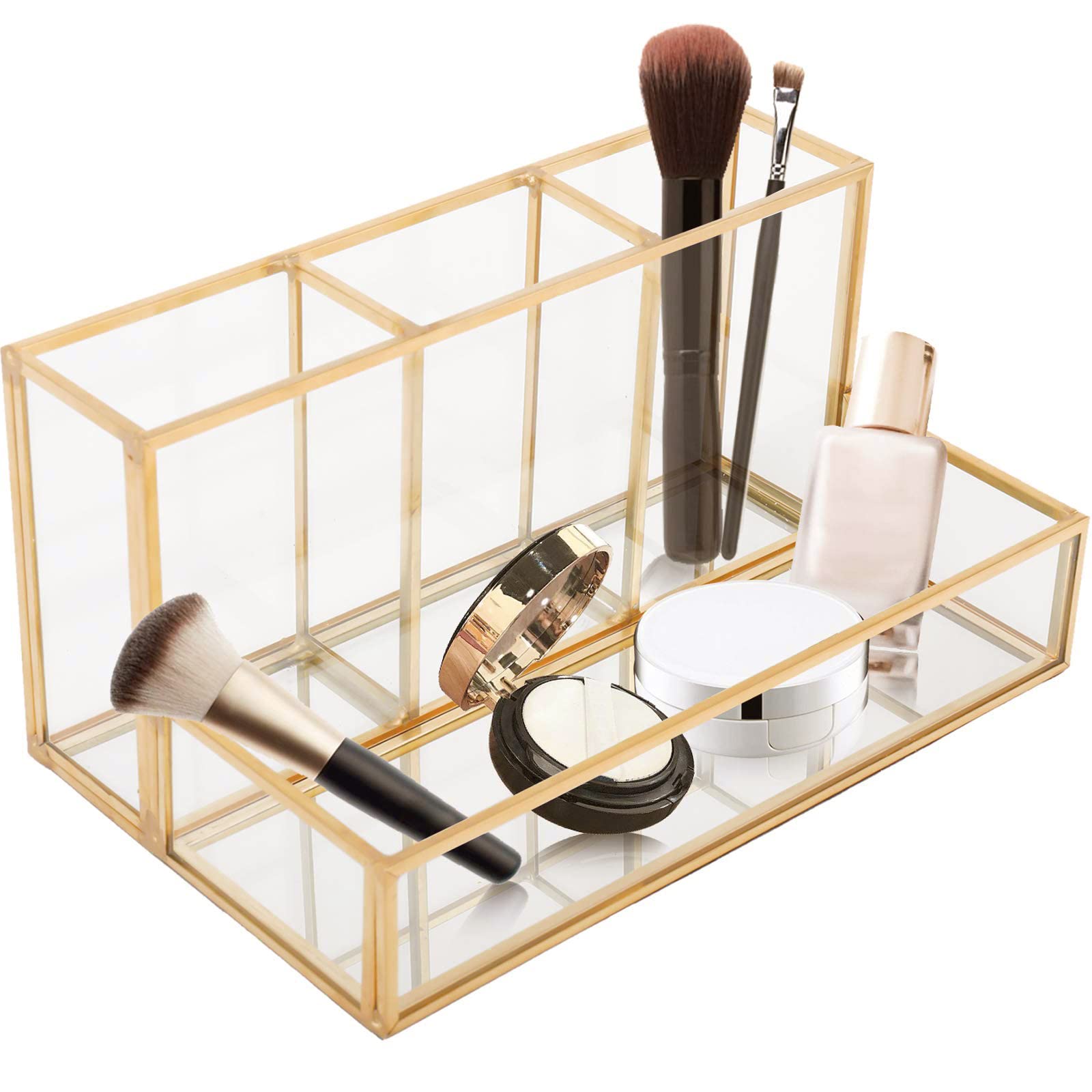 HighFree Glass Makeup Brush Holder, Vintage Clear Cosmetic Brush Makeup Organizer with Mirror Tray for Storage Perfume Nail Polish Lipsticks, 4 Compartments