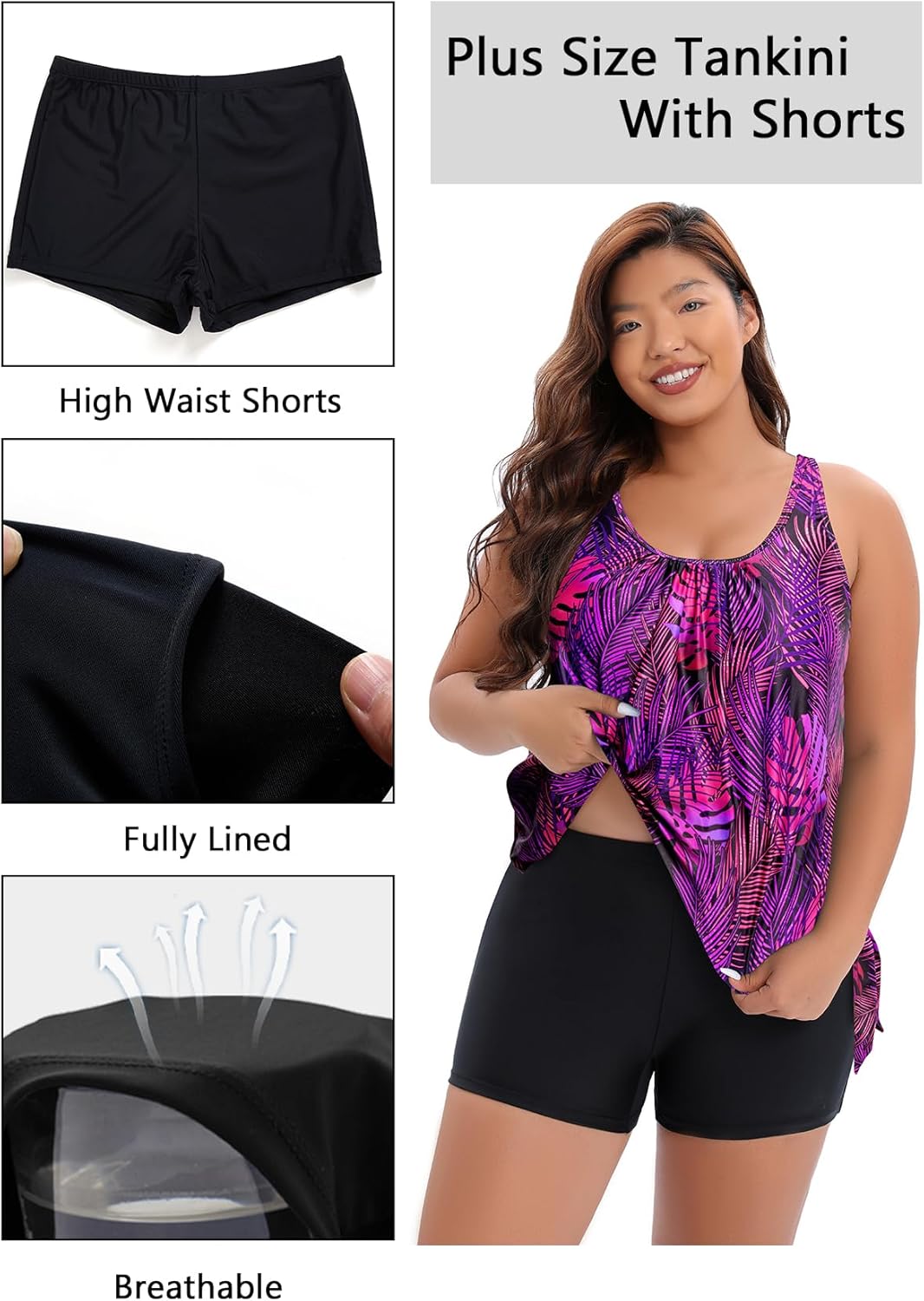 Holipick Women Plus Size Tankini Swimsuit - Two Piece Bathing Suits Tankini Top with Shorts Wide Straps - Image 5