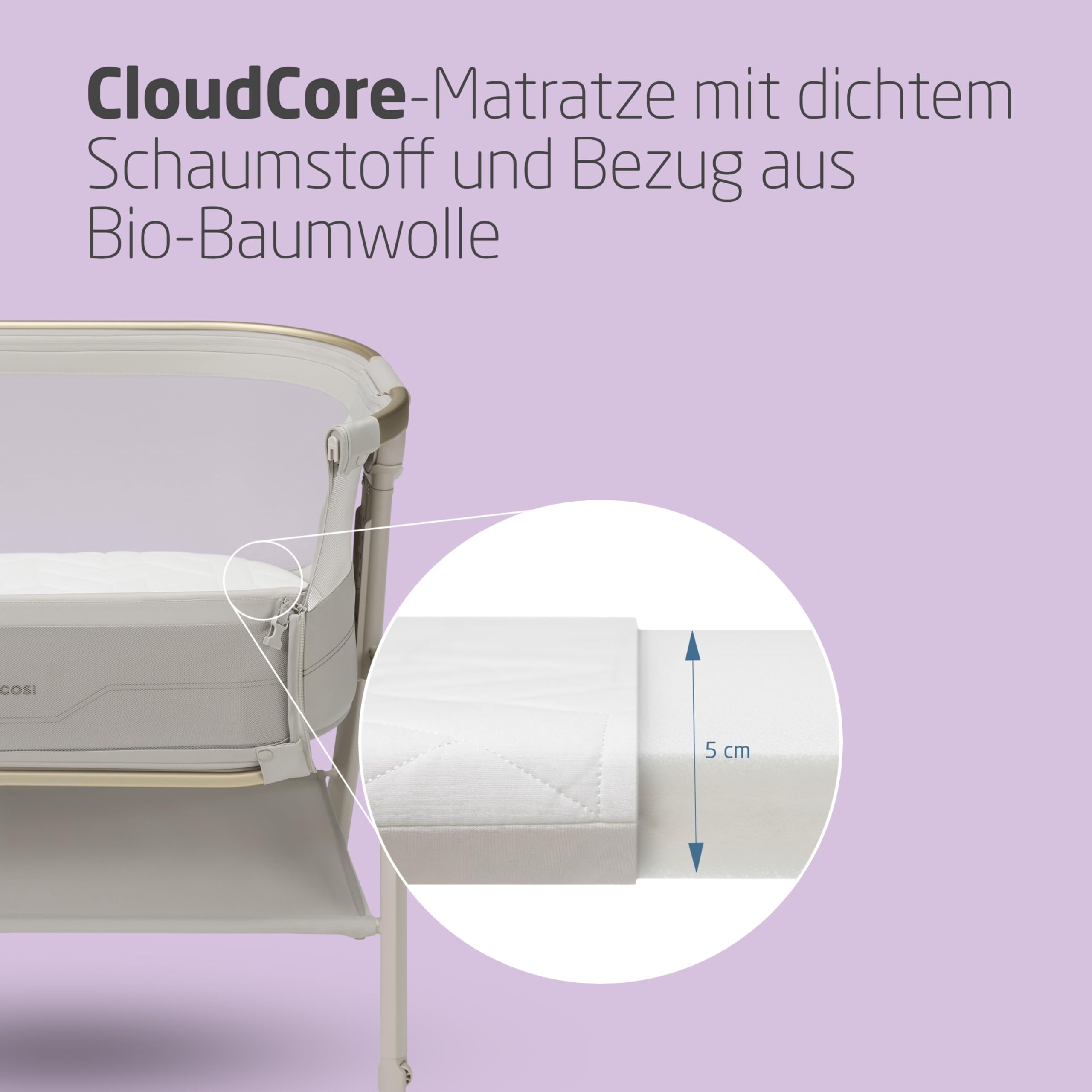 Maxi Cosi Iora² Baby Stubenbett, 0–6 kg, Klappbares Beistellbett, 5 cm CloudCore-Matratze, 5 Höhenstufen, Elegance Beige
