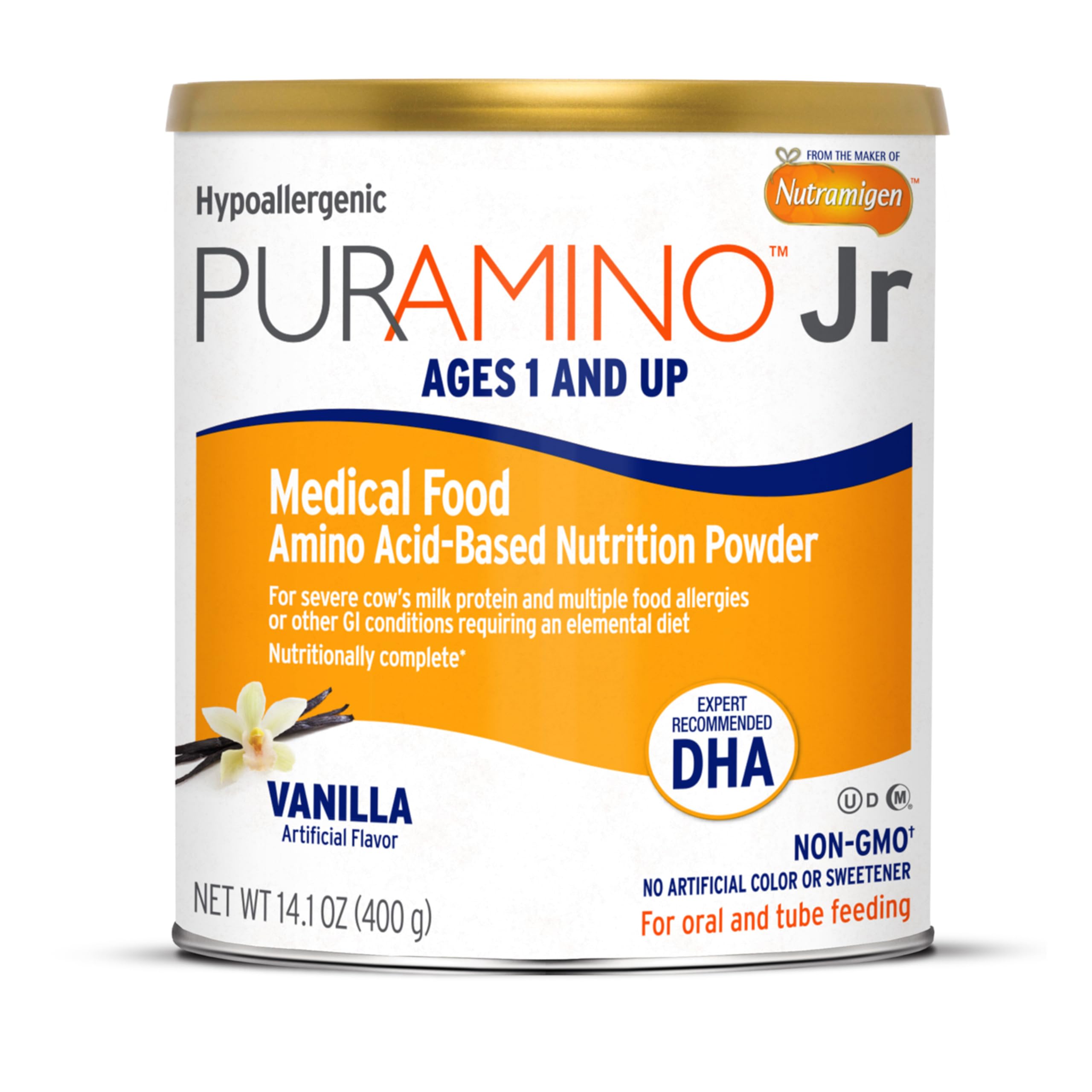 PurAmino Junior Hypoallergenic Toddler Drink, for Severe Food Allergies, Omega-3 DHA, Iron, Immune Support, Vanila Powder Can, 14.1 Oz