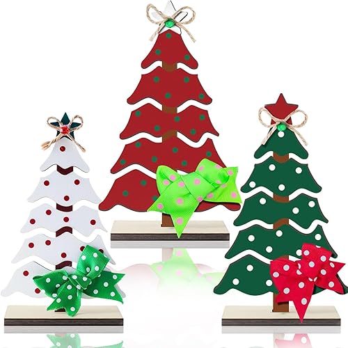 Miniatura 2 de 3 piezas de árboles de Navidad de madera, decoración de mesa, árboles de Navidad rústicos, letreros de madera, centros de mesa de bandeja escalonada