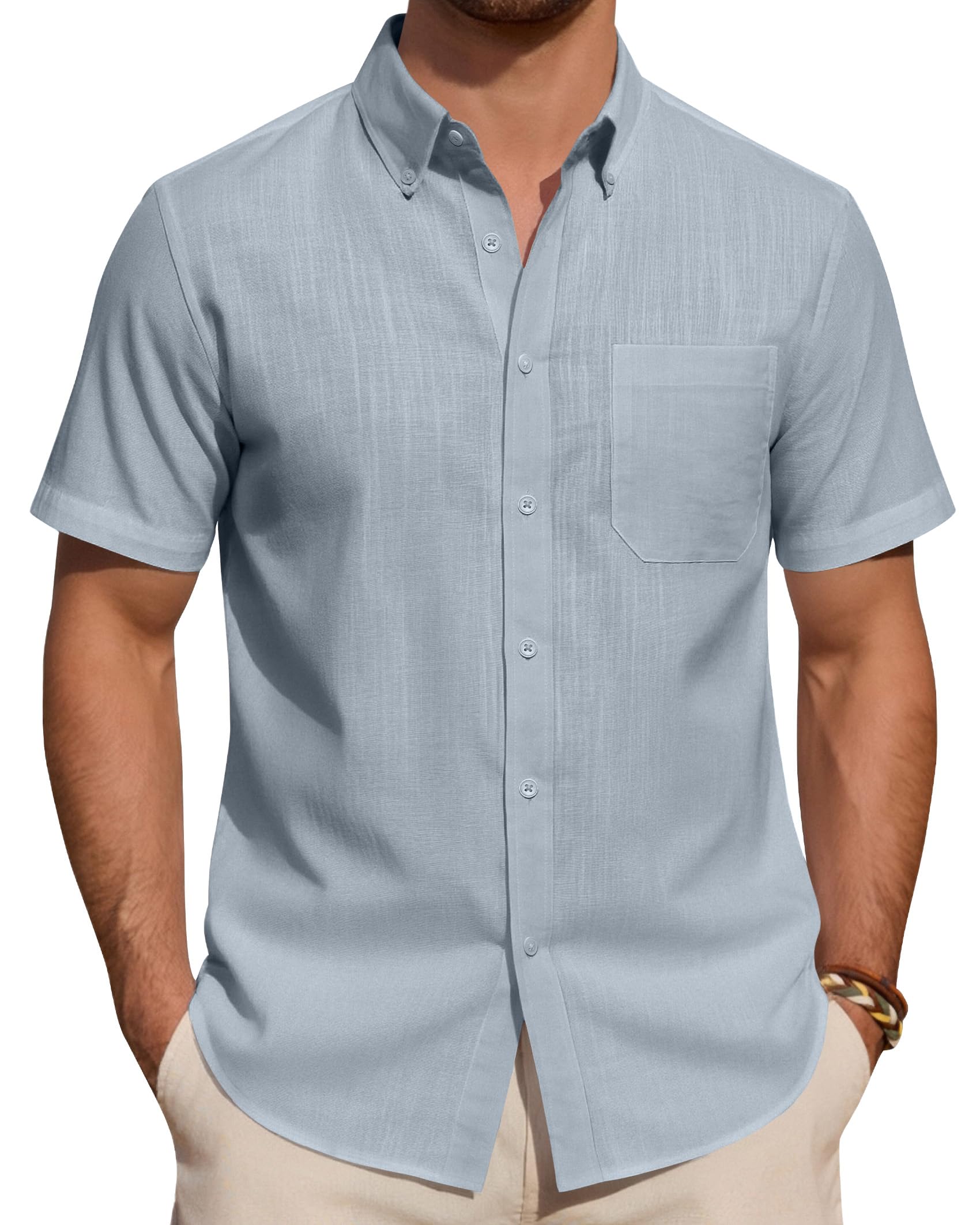 J.VER Leinenhemd Herren Kurzarm Hemd Sommer Freizeithemden Herren Casual Beach Shirts Regular Fit Männer Leinen Hemd Button Down Basic Men Shirts mit Brusttasche