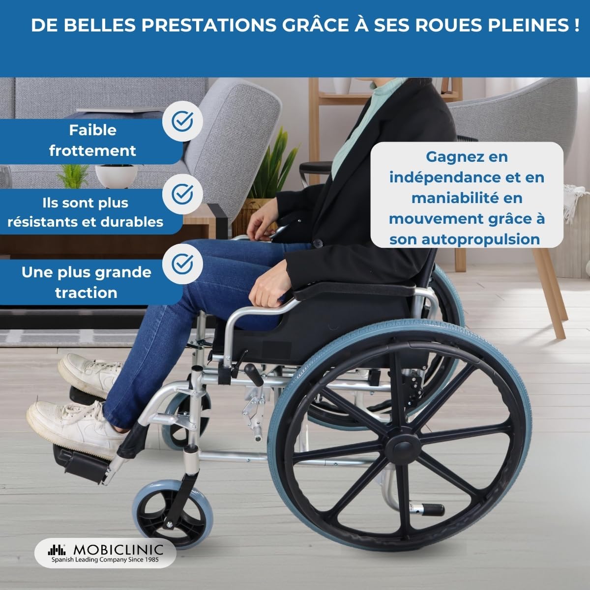 Mobiclinic®, Fauteuil roulant pliable, Léger, Système sous trottoir, Frein de stationnement, Modèle ópera, Aluminium, Roulettes solides, Accoudoirs pliants, Repose-pieds amovibles, Ergonomique