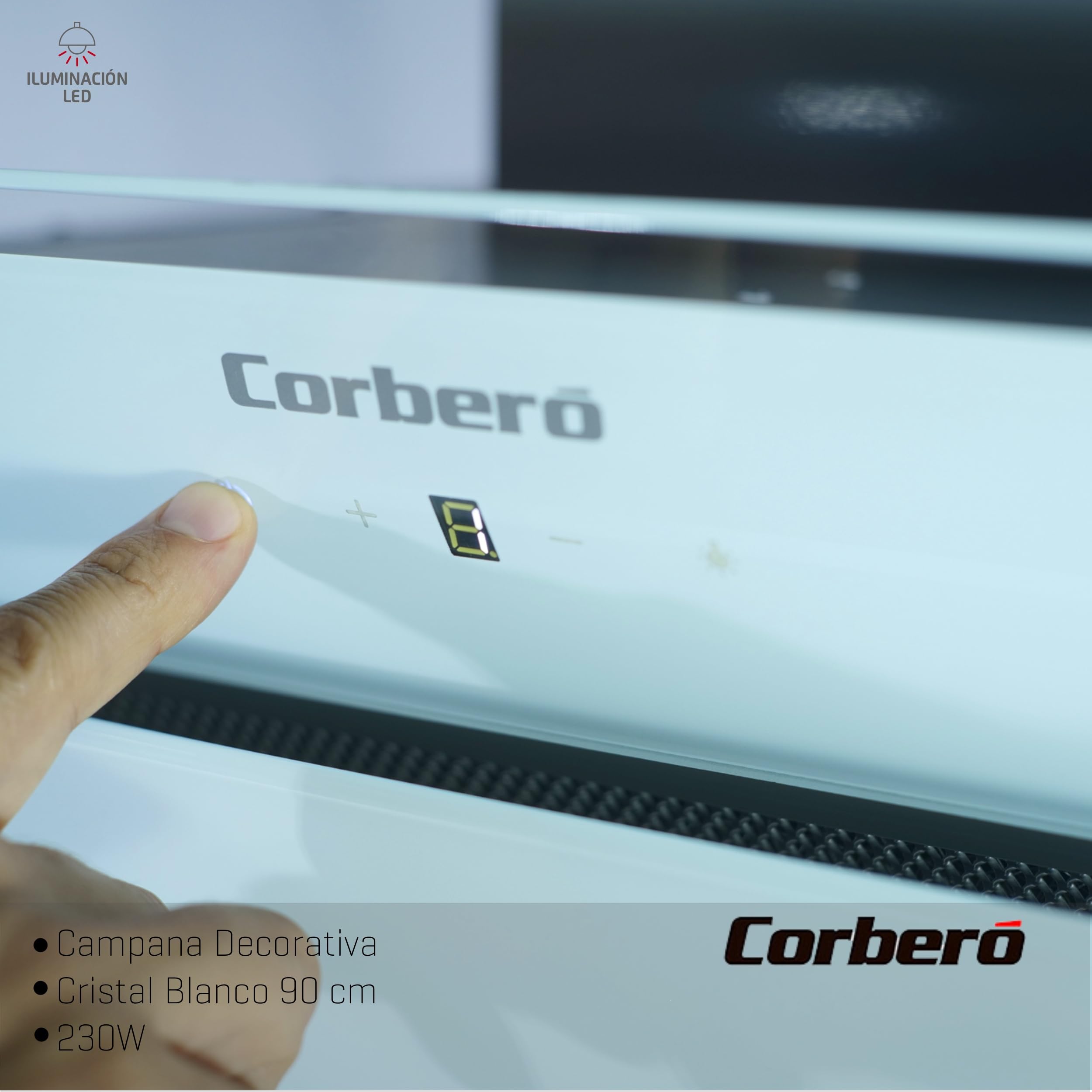 Corbero - Okap dekoracyjny 90 cm | ONEGA975W | 230 W | 3 prędkości | Sterowanie dotykowe | Przepływ 750 m3/h | Szkło hartowane | Filtr aluminiowy 3-warstwowy | Filtr węglowy biały | biały kryształ