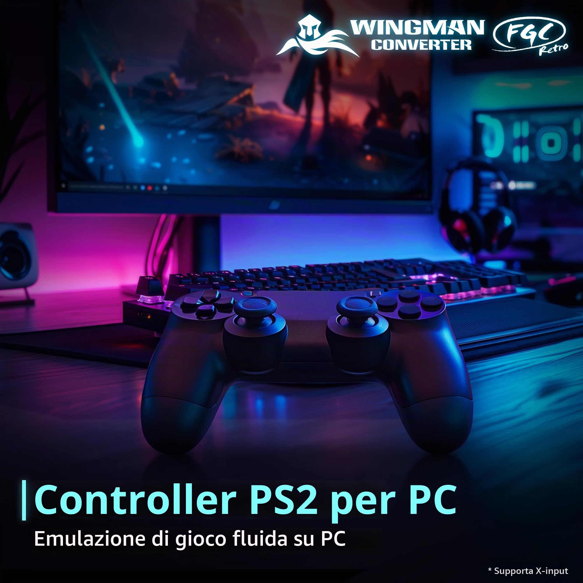 Brook Wingman FGC Retro con Portachiavi - PS1 & PS2 Controller per PS5, PS4, PC - Turbo, Remap, Macro - X-Input - Compatibile con tappetini da ballo, arcade, controller di gioco ritmico