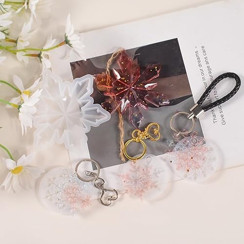 Miniatura 5 de Moldes de resina para llavero de silicona con agujero, 6 moldes de silicona de Navidad con 2 llaveros, adorno colgante de árbol de Navidad con copos
