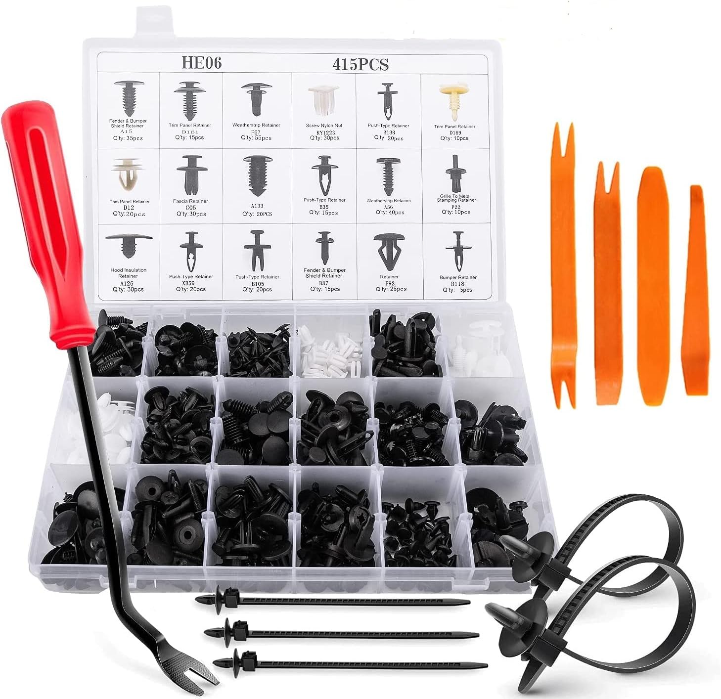 Eleven Guns Bumper Fender Rivet Clips, Plastic Car Retainer Door Trim Panel Fasteners Kits, 18 Most Popular Size Rivets for GM, Toyota, Ford, Honda, Chrysler (415 Pcs with Remover Tool)