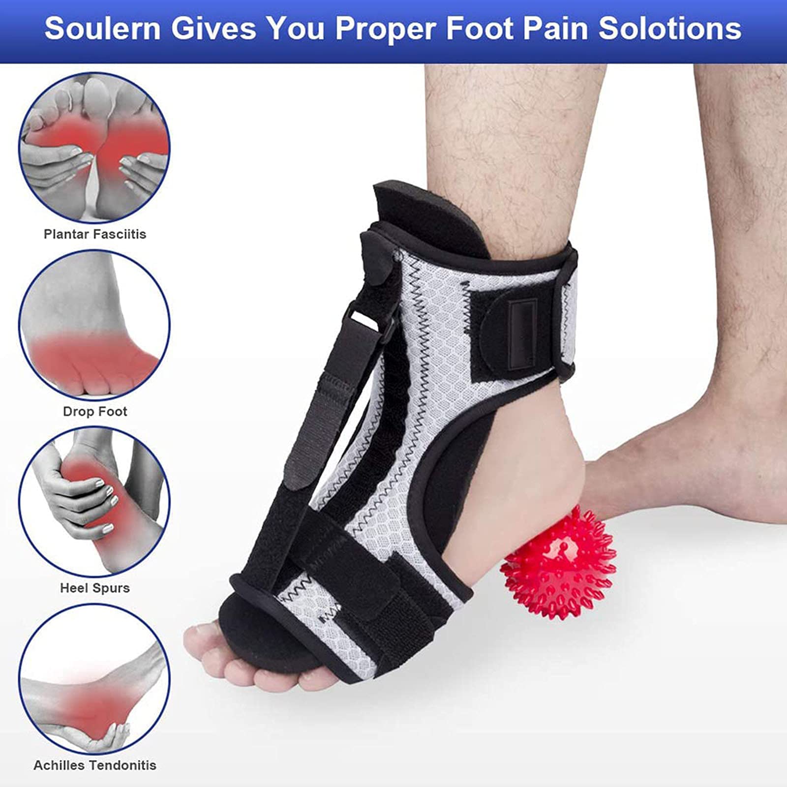 Férula Nocturna para Fascitis Plantar, Soporte Plantar Ajustable Transpirable con Bola De Masaje Puntiaguda para Tendinitis De Aquiles, Pie Caído, Talón, Tobillo, Dolor De Pie,A