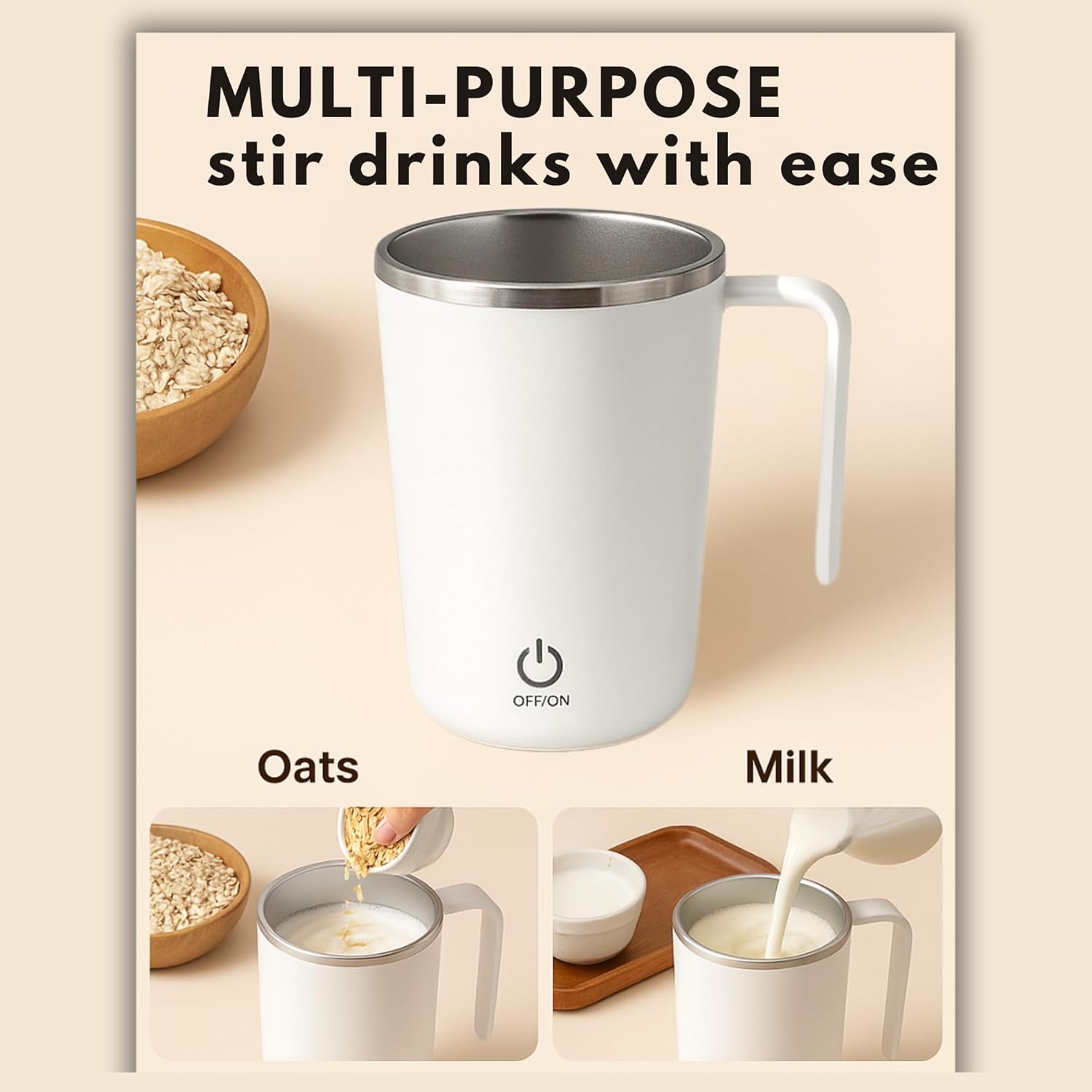 Self Stirring Coffee Mug – Electric Mixing Mug with Lid, Magnetic Stirrer, Auto Stirring Travel Cup for Hot Drinks, Office, Home (White) - Image 5