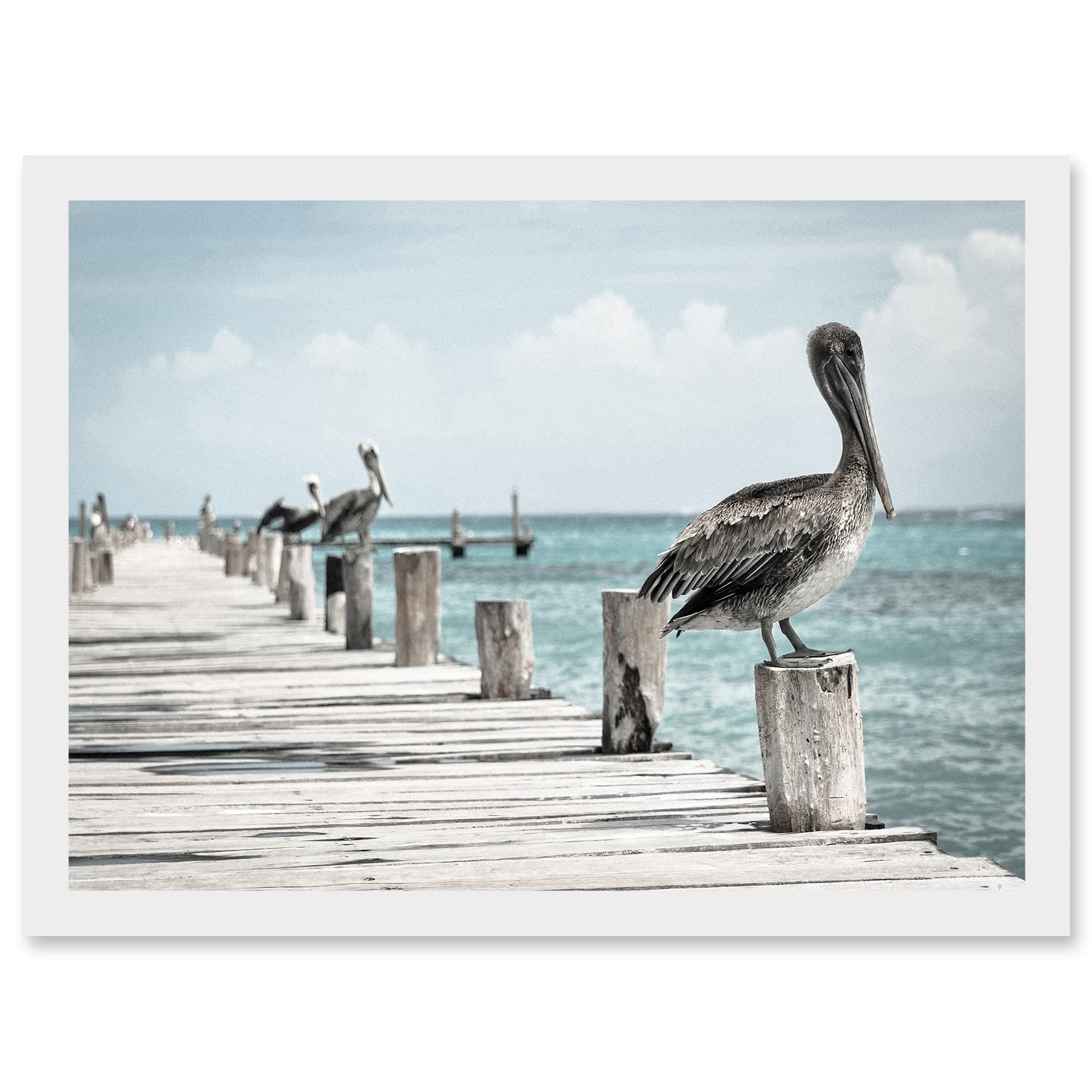 Artery8 Animal Photo Bird Pelicans Ocean Pier Artwork Framed Wall Art Print A4