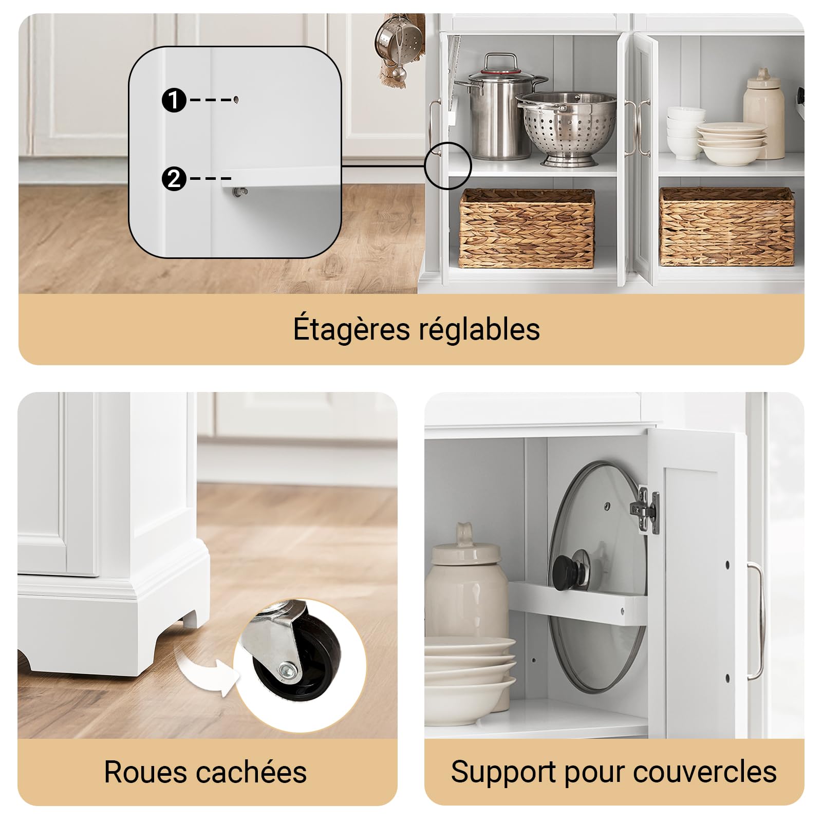 SoBuy Îlot Central Cuisine à roulettes & Plan Pliable, 115x92x(46-71) cm | Desserte Cuisine à roulettes, 2 tiroirs, tablettes réglables, range-couvercles & barre, 98 kg de charge, MDF/PB, FKW71-III-WN