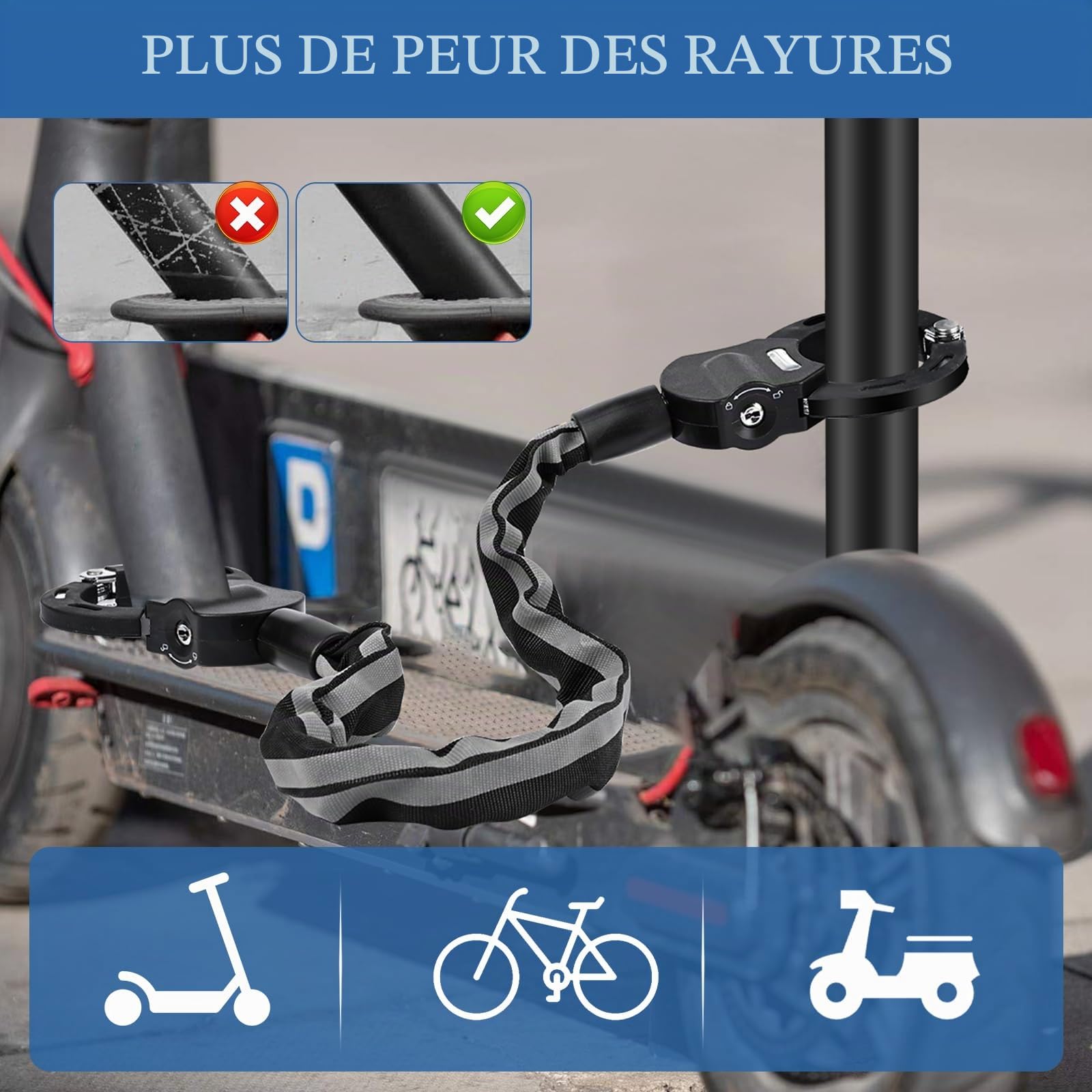 Antivol Trotinette Electrique, Cadenas Trotinette, Menotte Antivols Velo Avec Clés et Sac Etanche, Chaînes Antivol pour Bicyclette, Scooter, Vélo Electrique, Trottinette Auto-Equilibrée