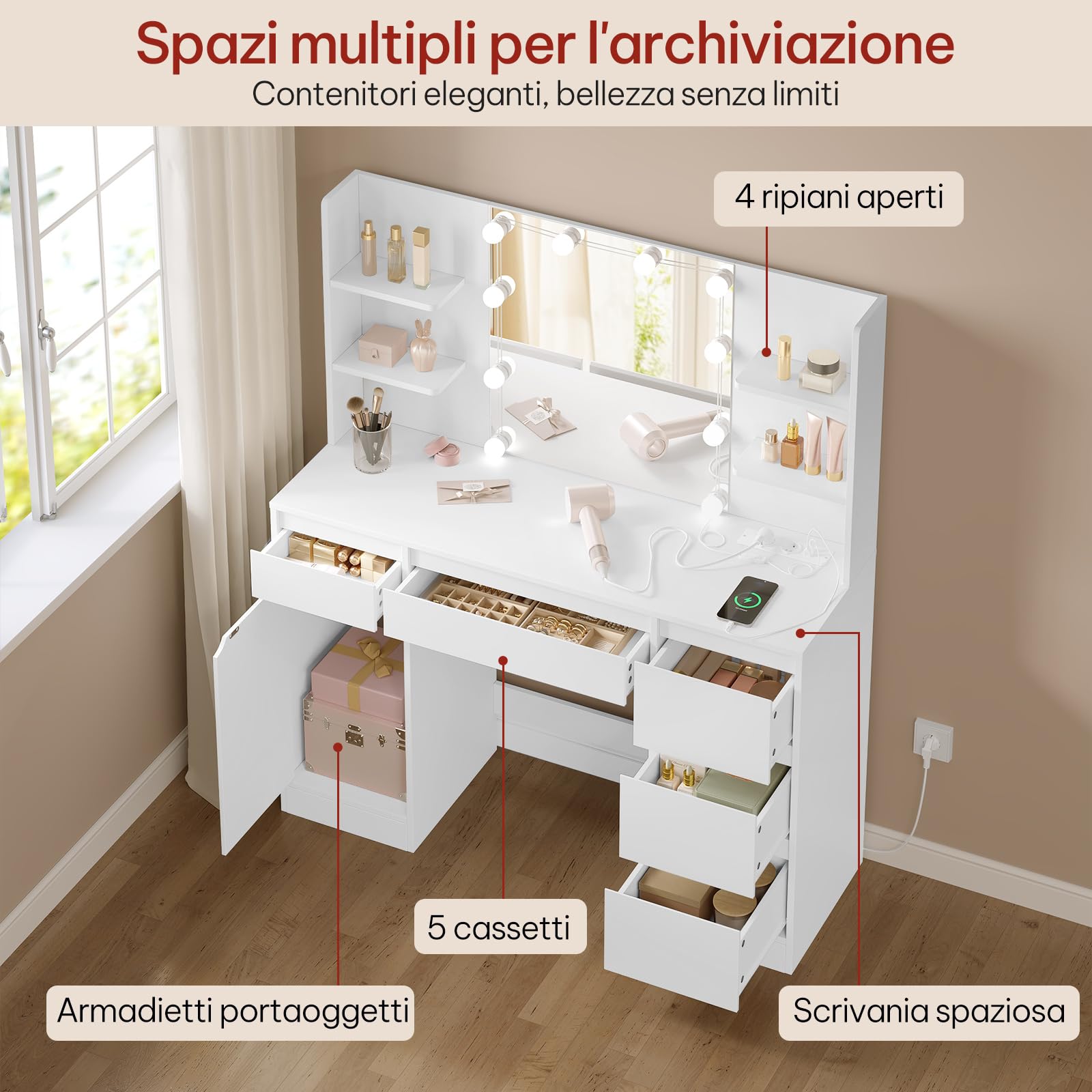 WOLTU Toeletta Trucco con Luci LED Regolabili, Tavolo da Trucco Moderno Bianco con Sgabello, Specchio Illuminato, 5 Cassetti e Ripiani, Postazione Make-Up per Camera da Letto
