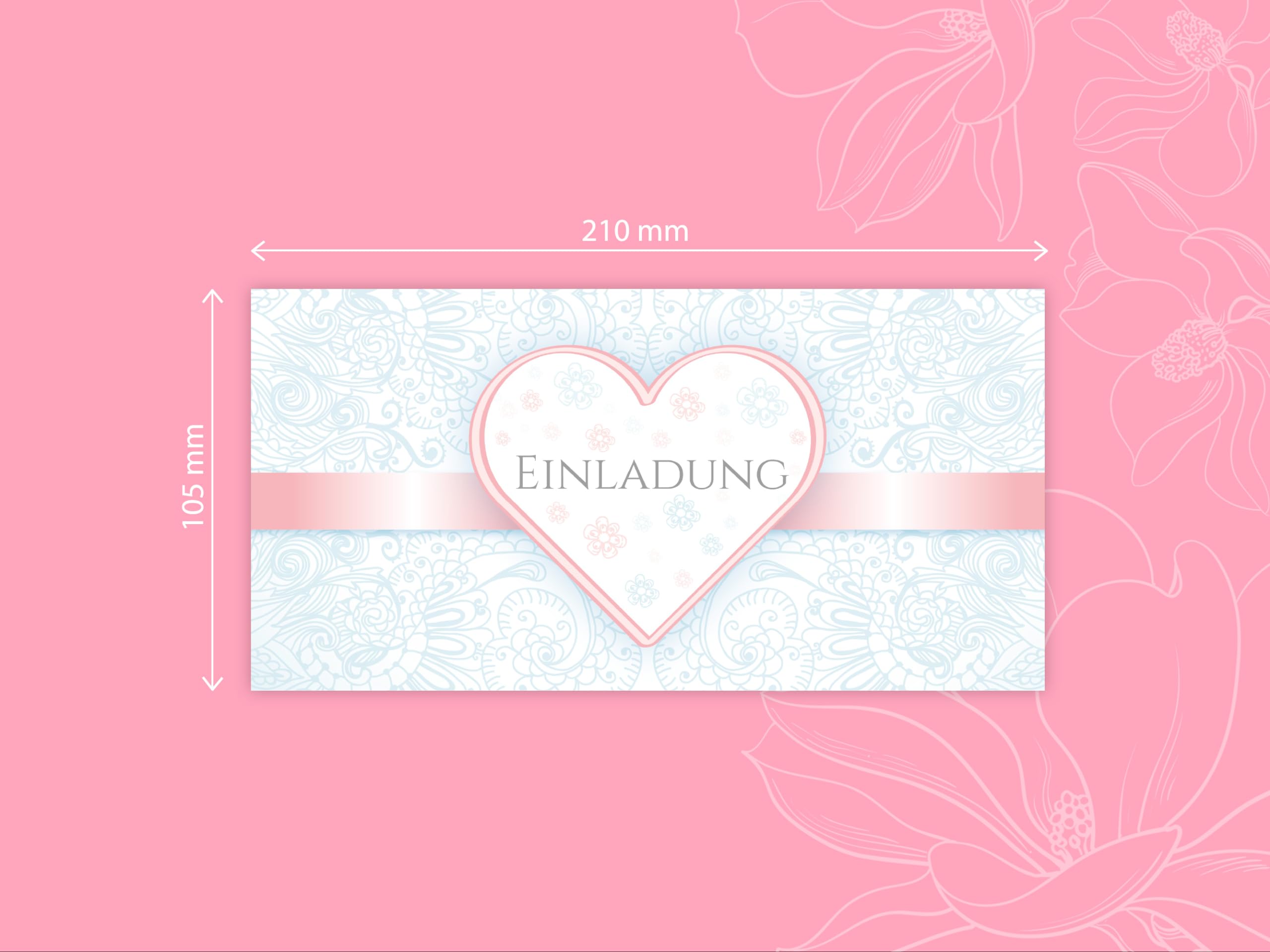 250 Einladungskarten für Hochzeit, Standesamt, Geburtstag, Konfirmation, Kommunion, Jugendweihe, Taufe, Geburtstag Jubiläum. Klappkarten DIN lang (21 x 10,5 cm). Design mit elegantem Ornament und Herz