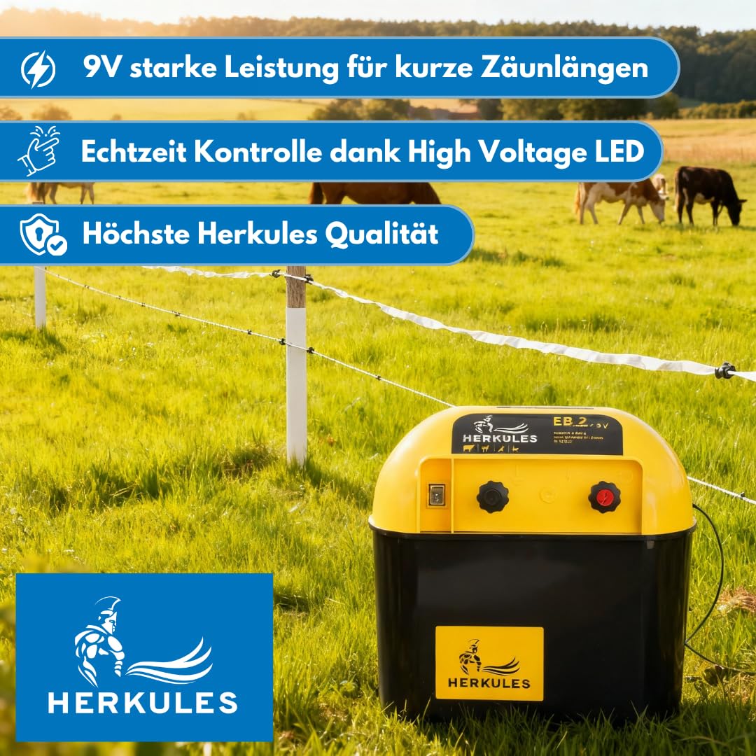 Herkules Weidezaungerät EB 2 - 9V Batteriegerät für mobile Weidezäune - Elektrozaungerät für bis zu 3,5 km Zaun - Weidegerät mit 5600 V Leistung - Batterie Weidezaun Gerät aus Europa