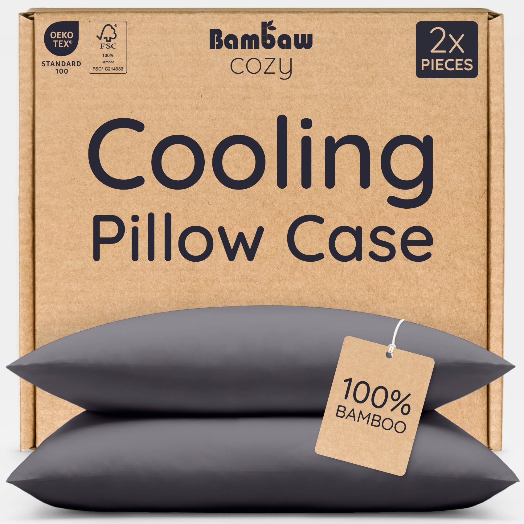 Bambaw Charcoal Bamboo Pillowcase 50X75 Cm, 2 Pack, Anti Frizz & Anti Acne Pillowcase, 100% Bamboo Cooling Pillow Cases With Envelope Closure, Anti Dust Mite & Cool Pillow Case 2 Pack, 50X75 Cm (Charcoal)