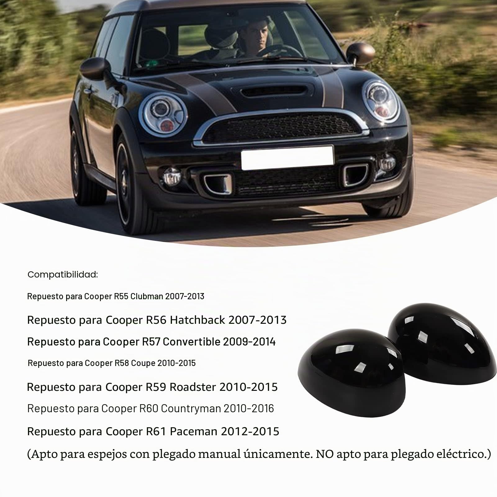 Aramox Repuesto de Cubierta de Espejo Retrovisor Negro Brillante par Izquierdo y Derecho para R55 R56 R57 R58 R59 R60 R61 2007-2016 Gz.Fk057Kl/R Espejo de Coche