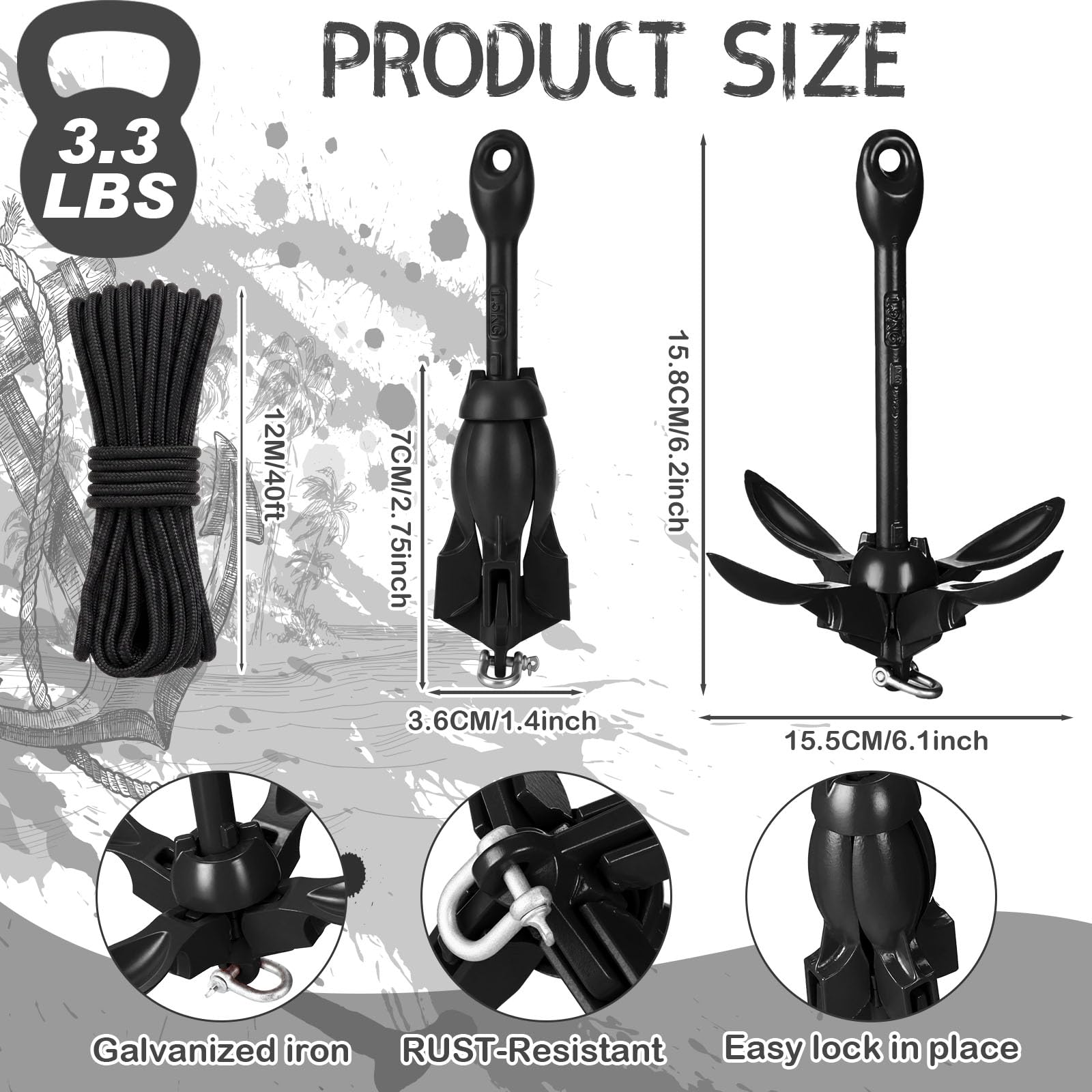 MorningRo 1 Packung Marine Kajak Anker Kit 1,5 kg Faltbarer Grapnel Anker Kit Boot Anker Kajak Angeln Zubehör für kleine Boote Kajaks Kanu Paddle Boards
