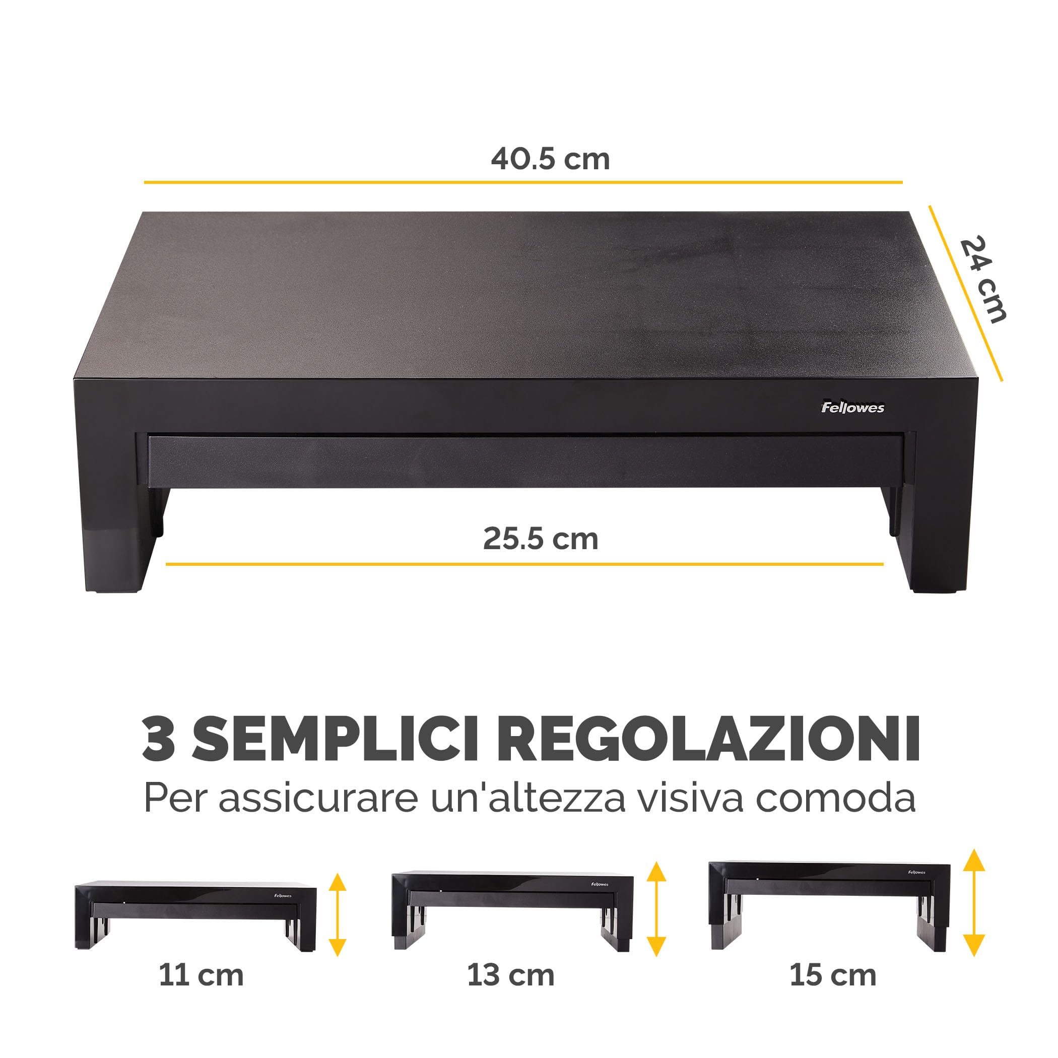 Fellowes Supporto monitor Designer Suites, supporto monitor scrivania regolabile in 3 altezze con cassetto integrato, rialzo monitor per computer, laptop, iMac, PC, notebook, peso massimo 18 kg, nero