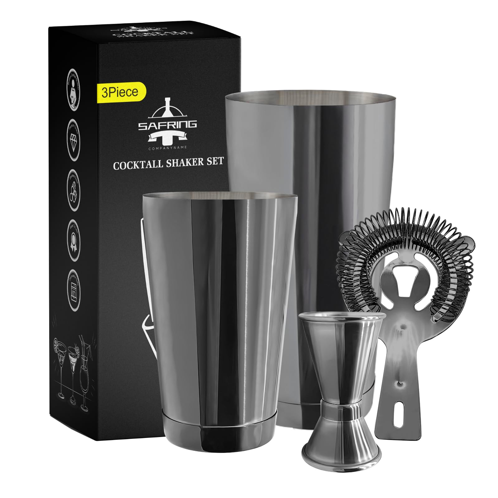 Boston Cocktail Shaker Bar Set, Weighted Boston Shaker Tins, Bartender Kit with 18oz & 28oz Mixed Drink Shaker, Hawthorne Strainer, Double Measuring Jigger - Black